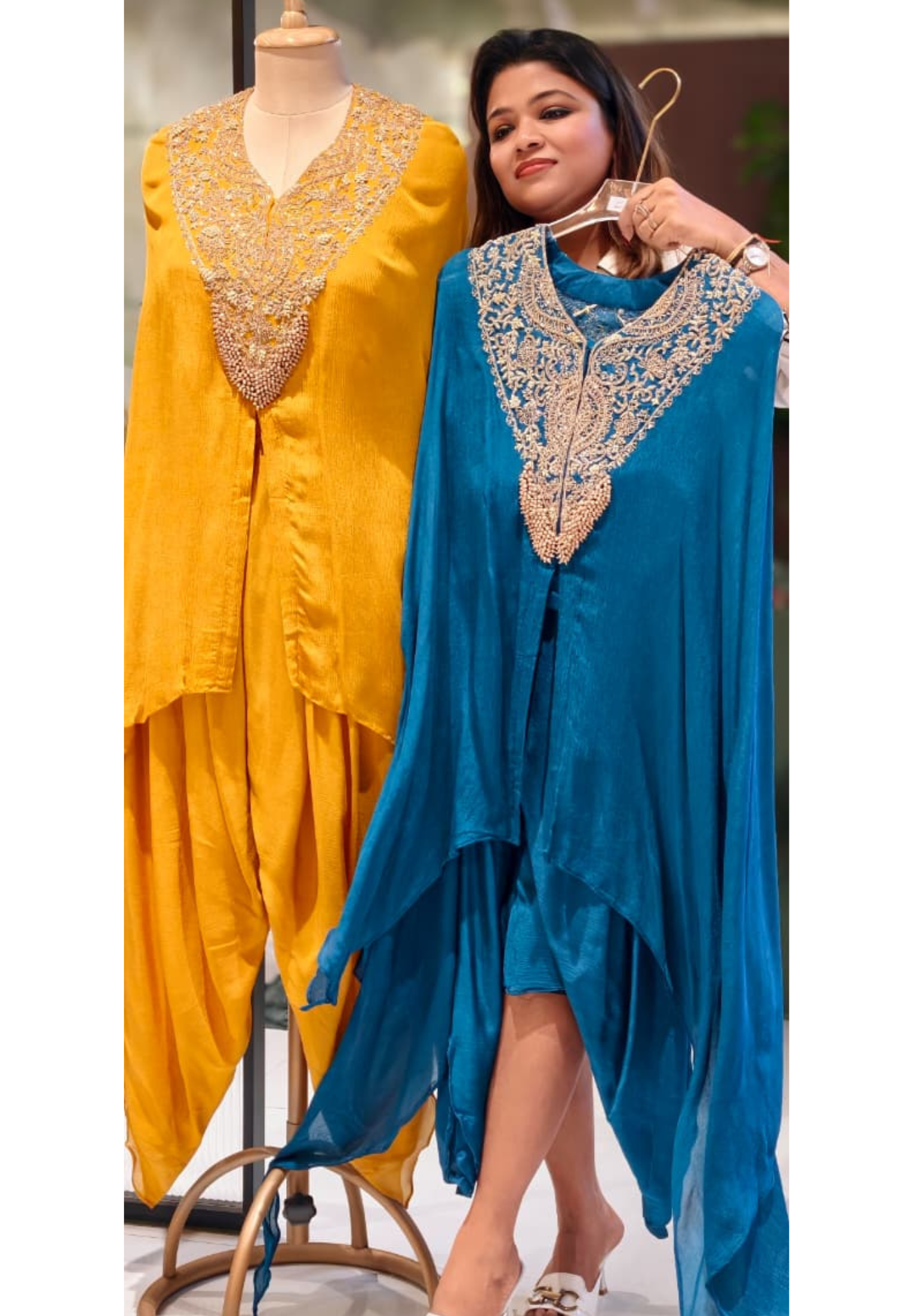 Royal Zardosi Bloom Embroidered Kurta High-Low Flowy Cape With Buster & Tulip Bottom- 13393