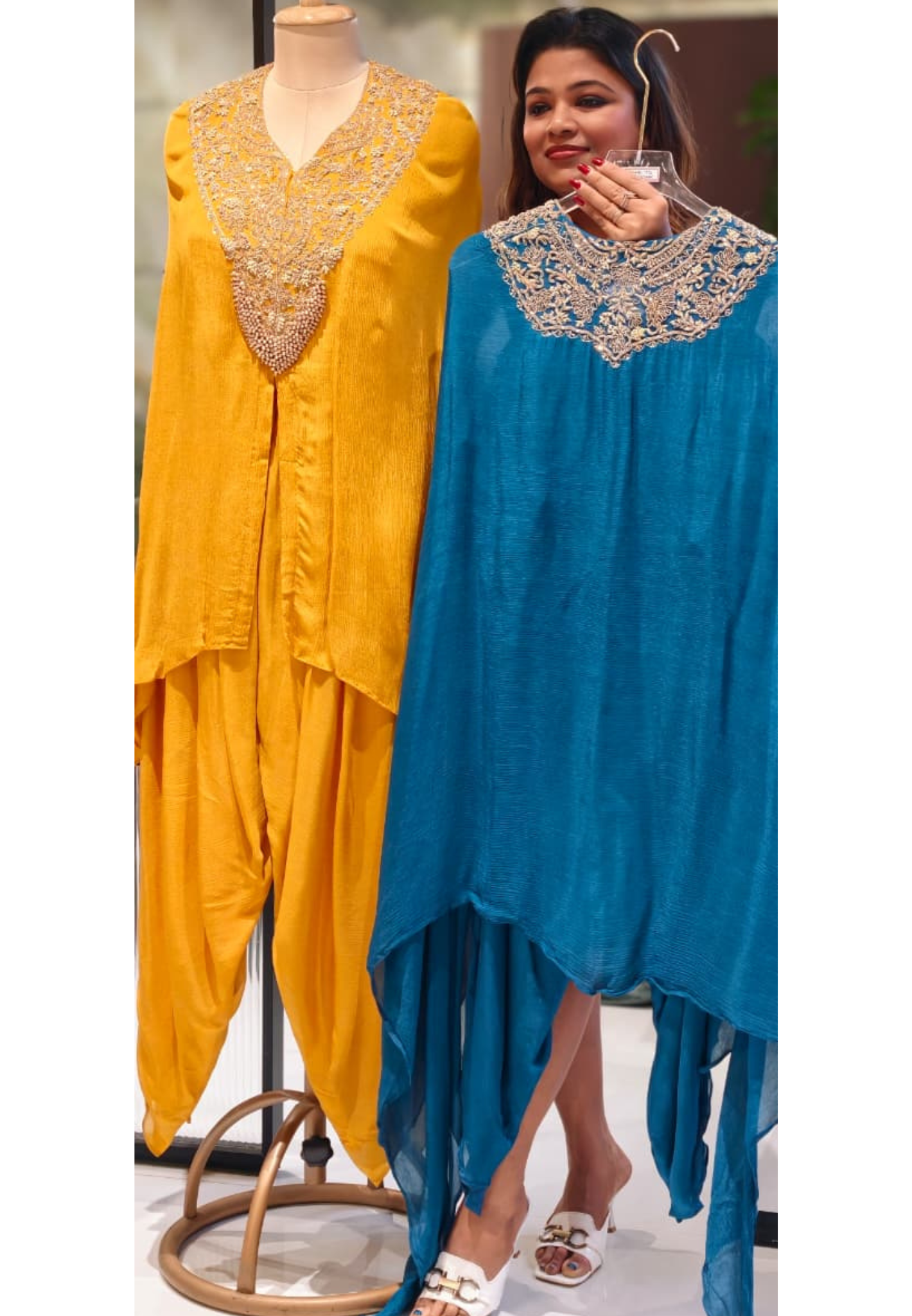 Royal Zardosi Bloom Embroidered Kurta High-Low Flowy Cape With Buster & Tulip Bottom- 13393