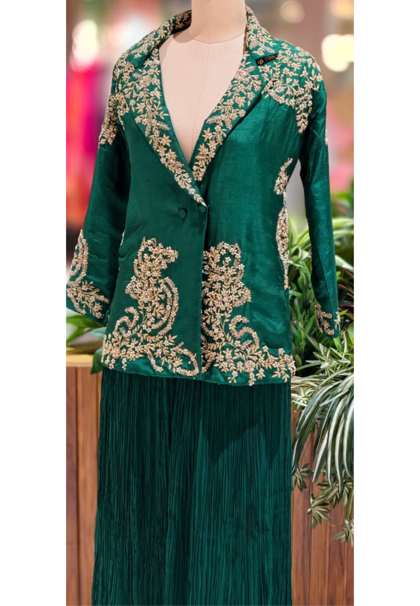 Royal Emerald Green Zari & Threadwork Jacket Look Kurta With Crush Palazzo Bottom- 13265
