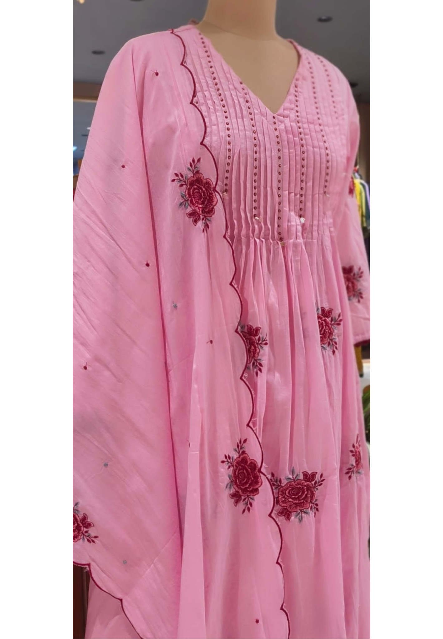 Very Suttle Floral Embroidery Pleated A-Line Full Suit Set With Dupatta In Mul Cotton Fabric- 13478