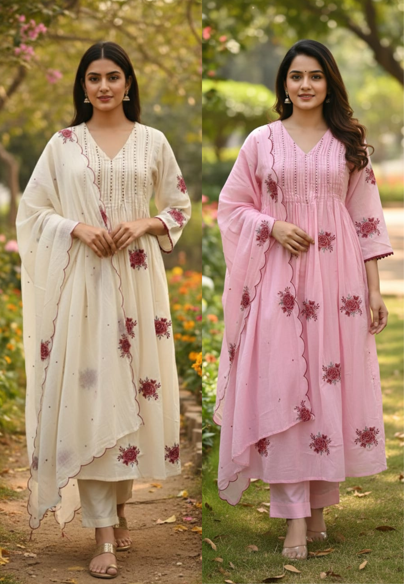 Very Suttle Floral Embroidery Pleated A-Line Full Suit Set With Dupatta In Mul Cotton Fabric- 13478