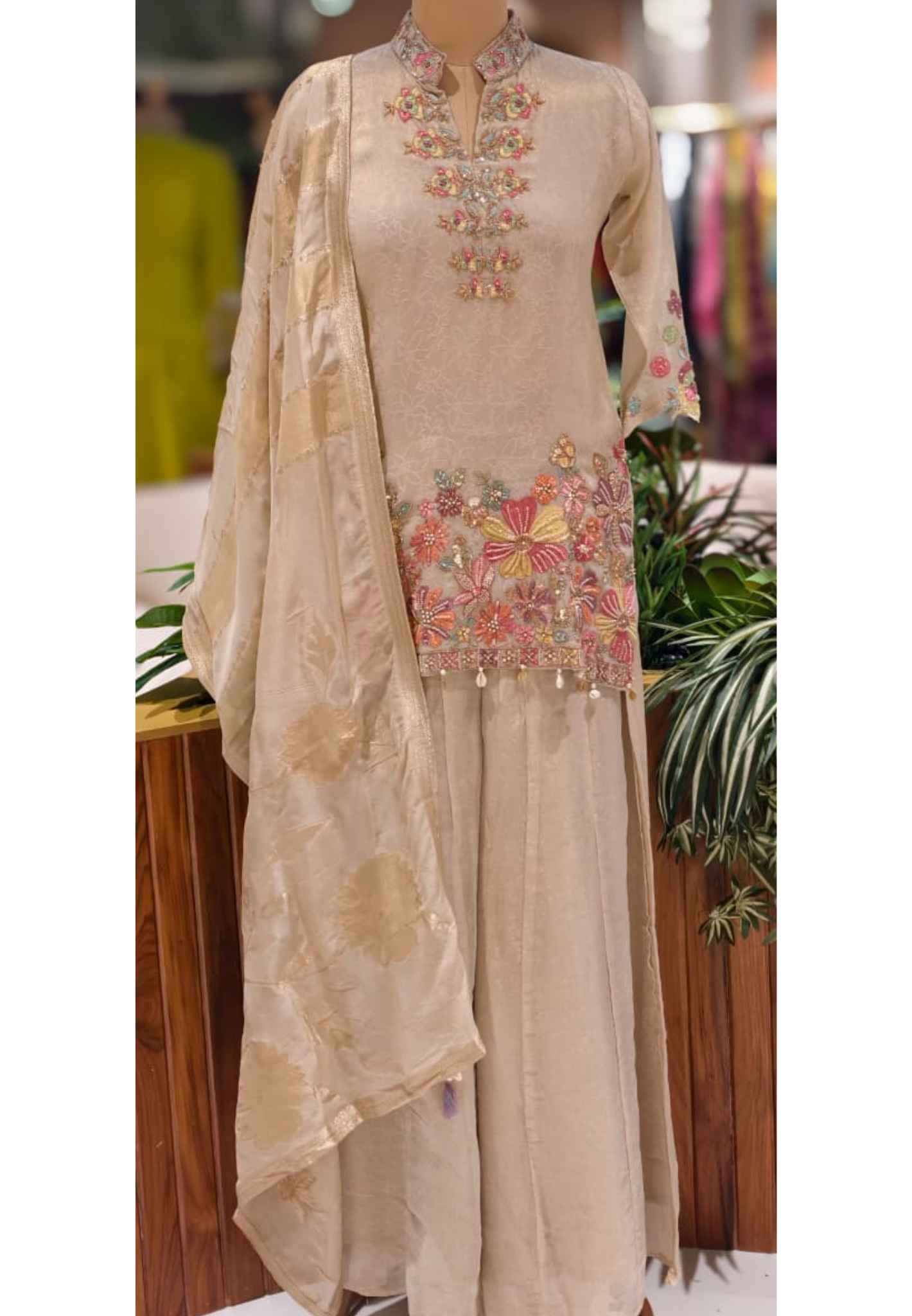 Ivory Meadow Floral Fusion Short Length Kurta With Panel Palazzo Bottom & Dupatta In Tissue Fabric- 13503