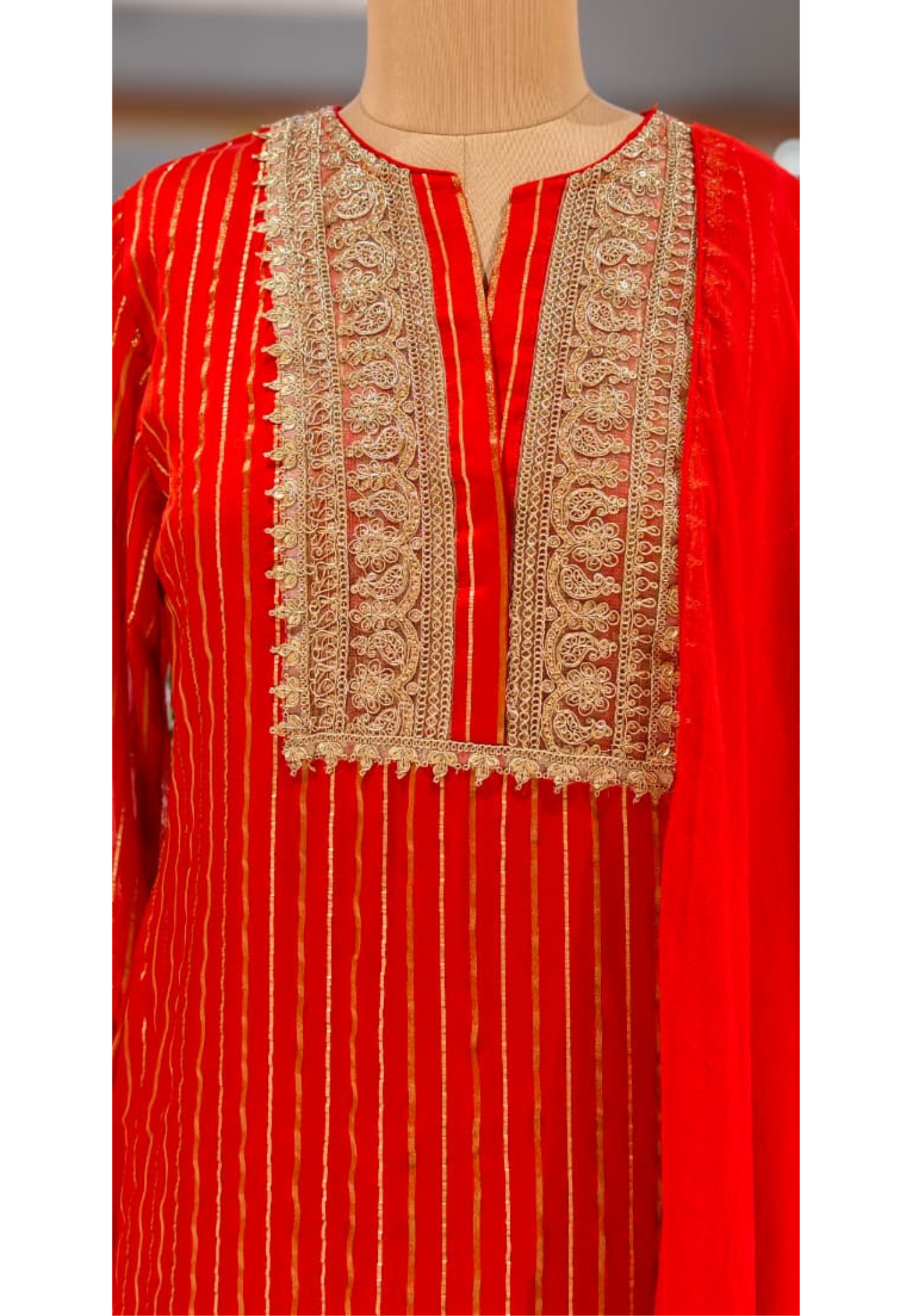 Golden Zarina Gotta Work Striped Sunset Full Suit Set With Dupatta In Silk Fabric- 13423