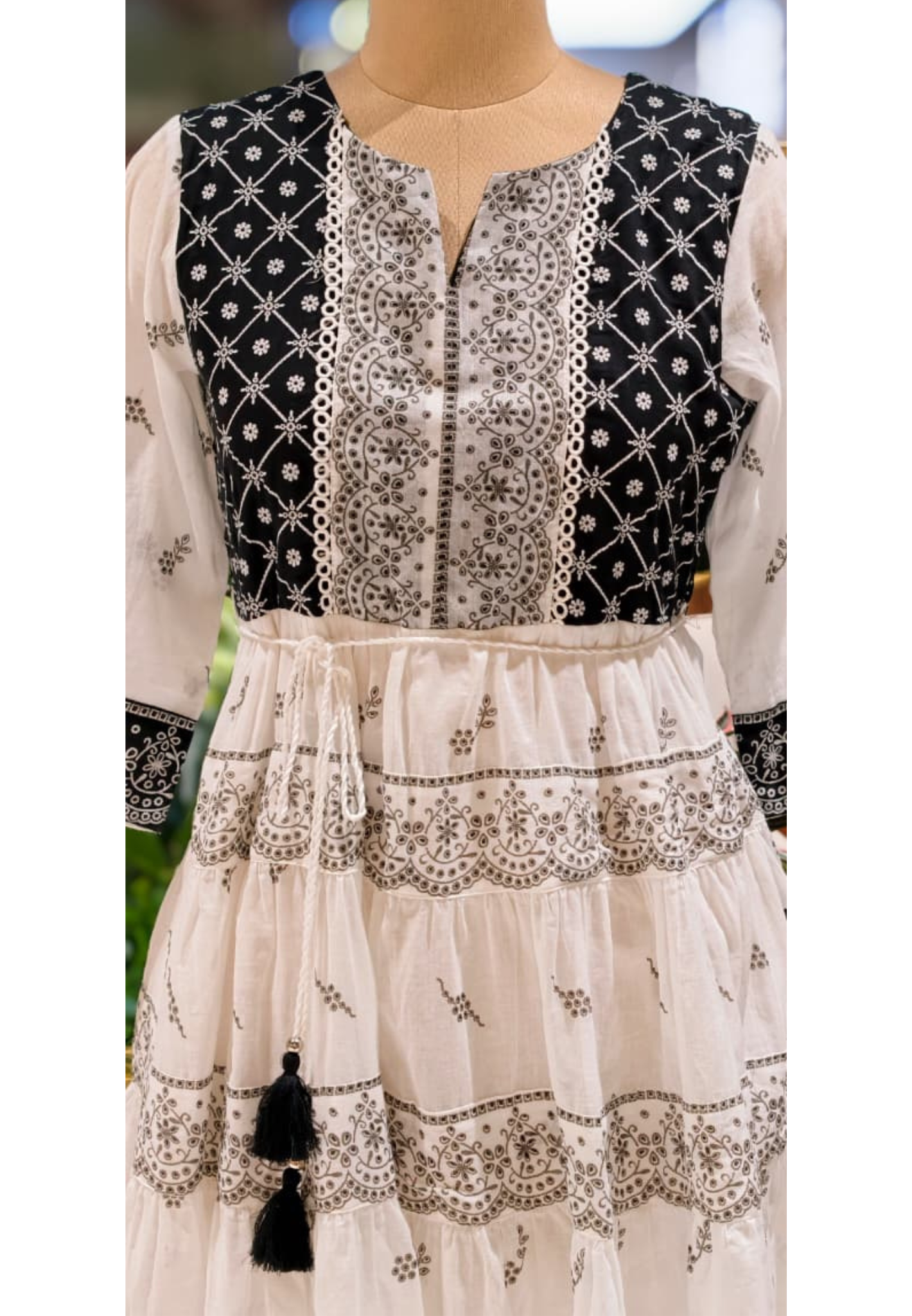 Vintage Lace Look Black & White Tiered Casual Wear Frock- 13517
