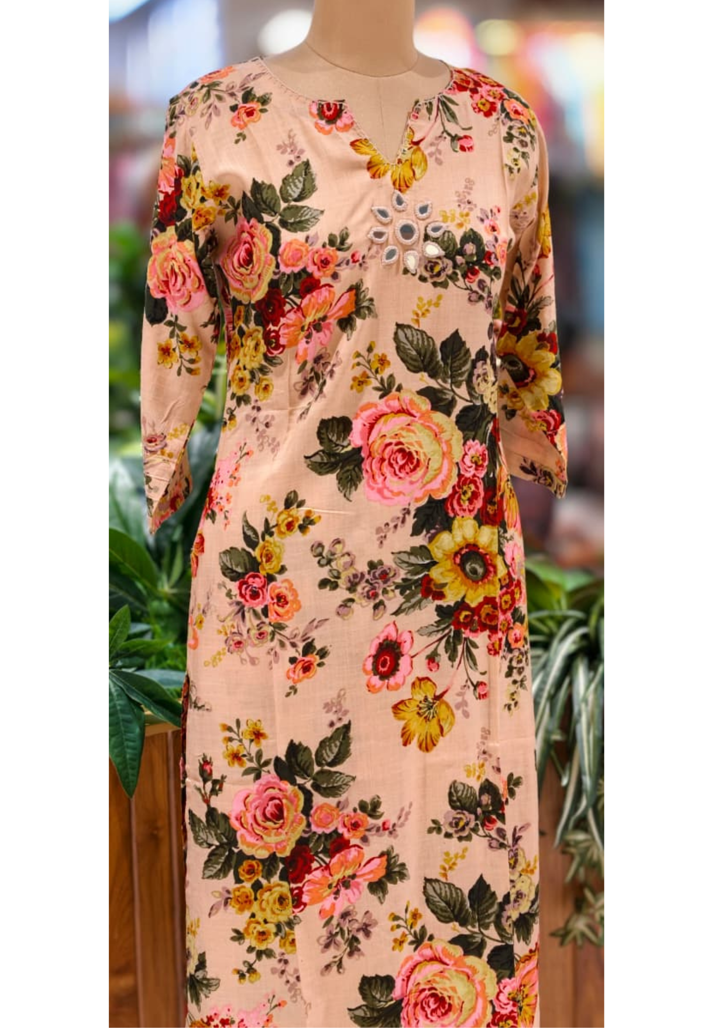 Digital Floral Print Real Mirror Front Work Kurta Pant Set In Flex Cotton Fabric- 13526