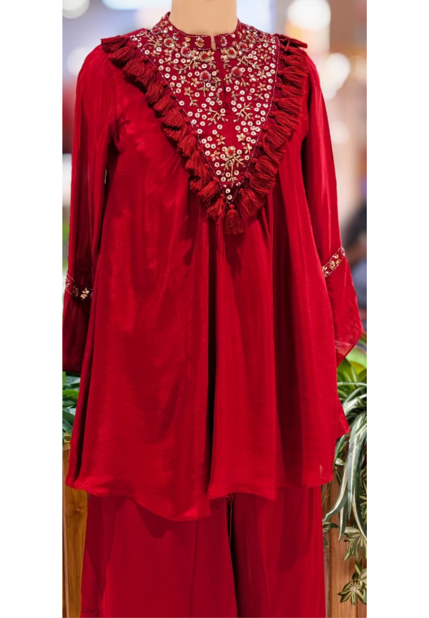 Stylish V-Yoke Boho Thread Look Indo Wear Kurta With Solid Bottom- 13551 RB212