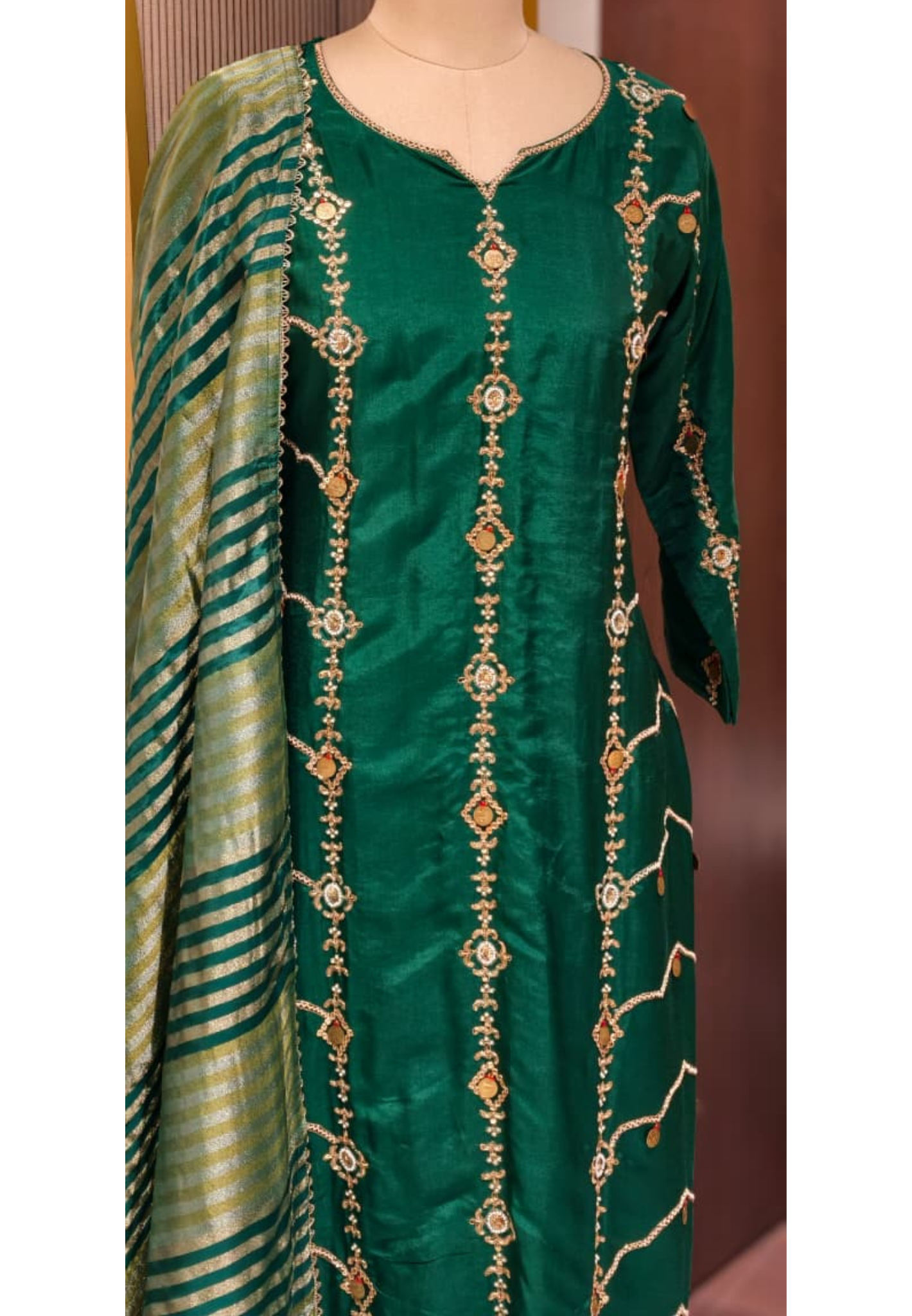 Royal Look Grand Handwork Silk Full Suit Set With Tissue Striped Dupatta- 13447