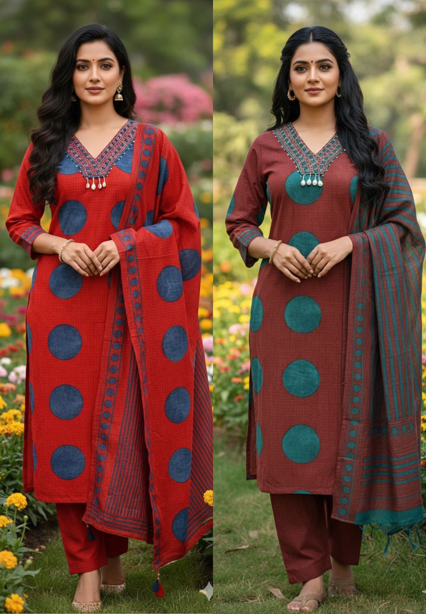 Beautiful Neck Line Coin Tassels Rounded Print Cotton Full Suit Set With Dupatta-13482