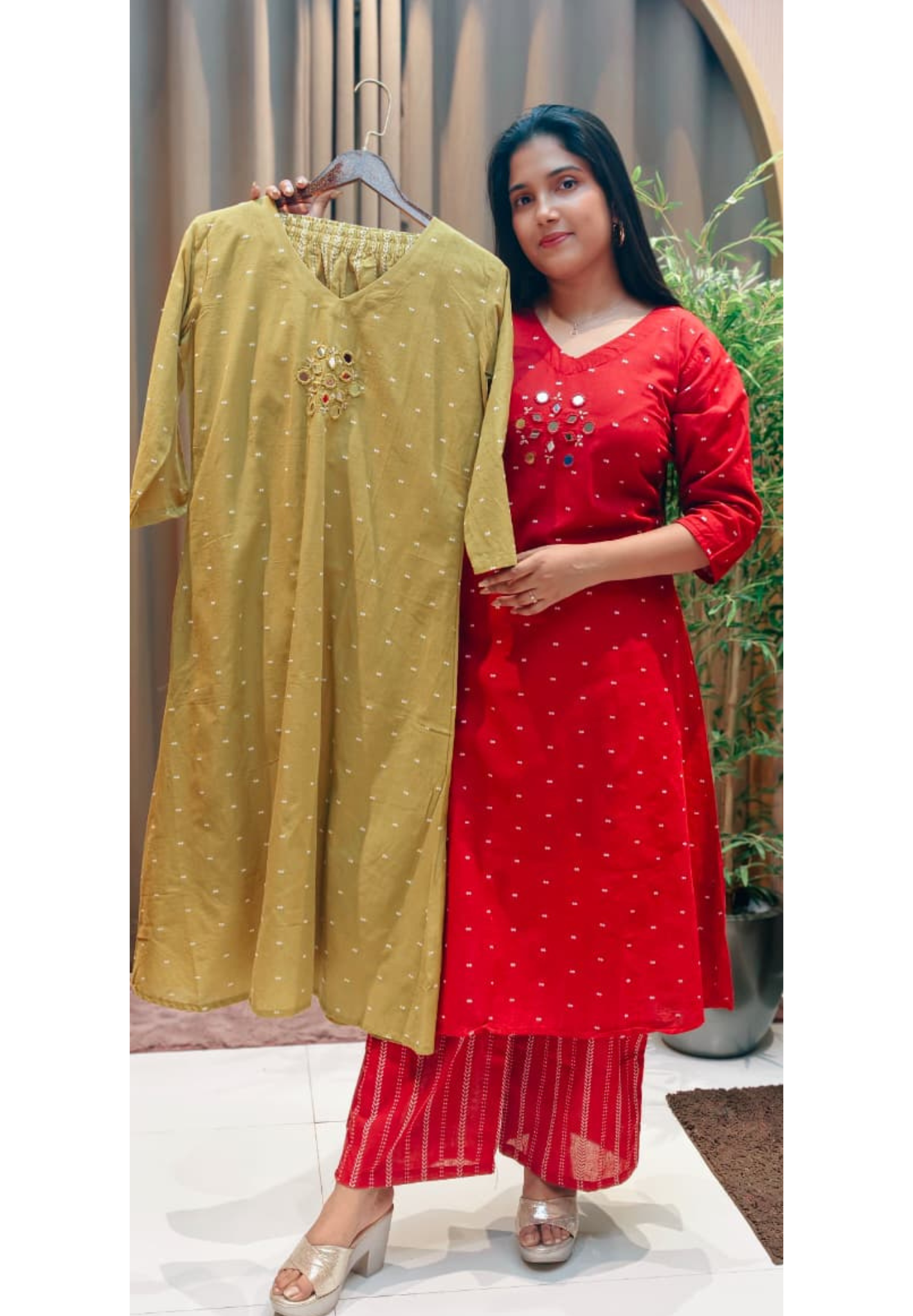 Real Mirror Thread Intricate Embroidery Upwork Matching Kurta Pant Set In Cotton Fabric