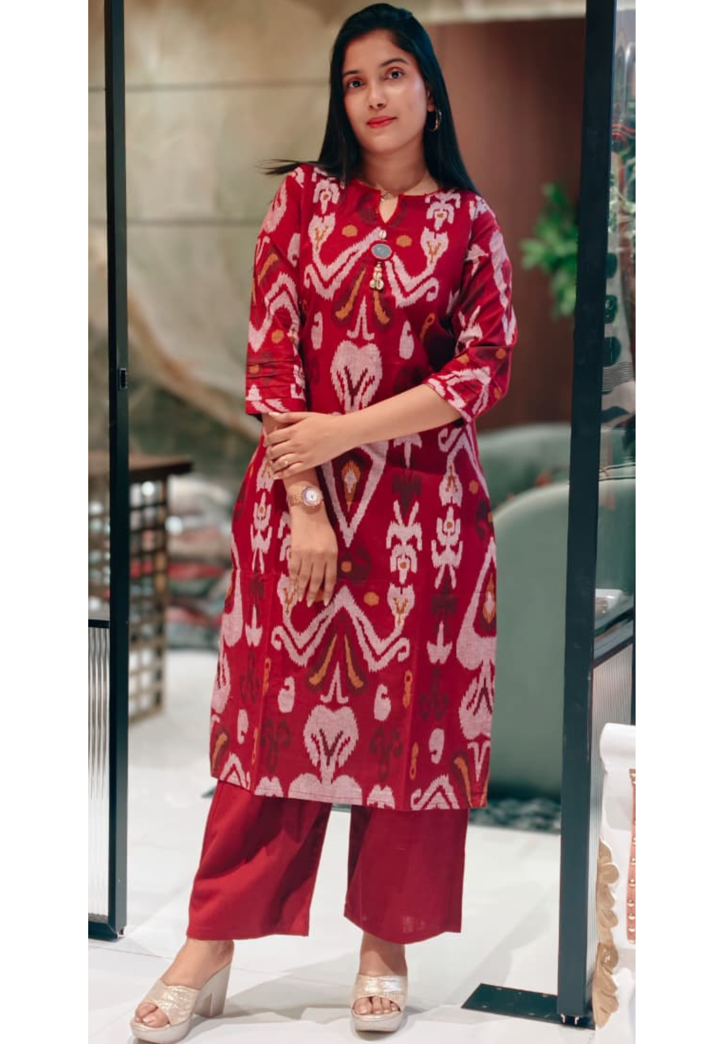 Ikkat Print Shell Kodi Tassel With Mirror Elegance Kurta Pant Set In Cotton Fabric- 13529