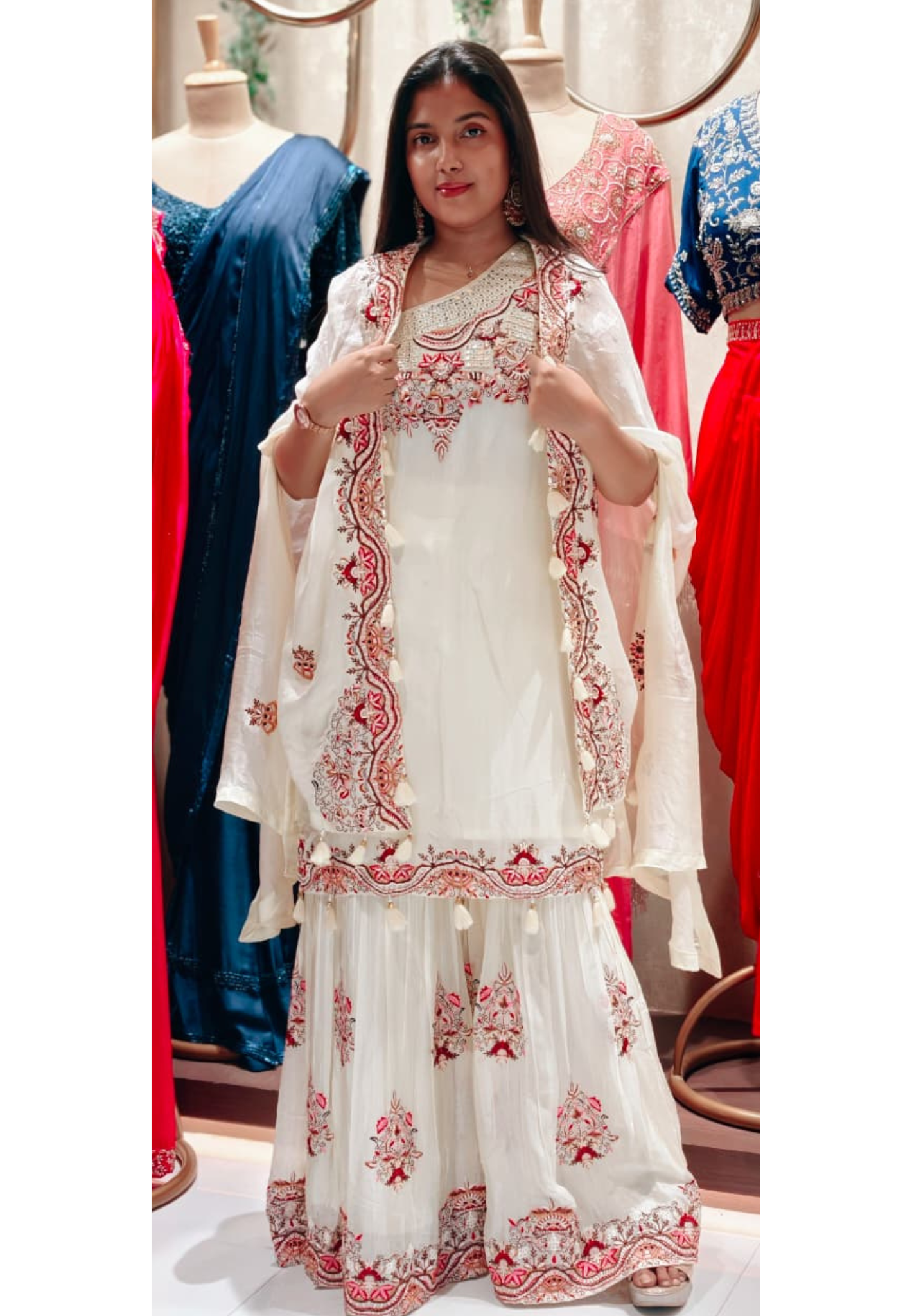 Floral Intricate Embroidery With Mirror Work Unique Sleeved Kurta, Palazzo Bottom With Shrug In Georgette Fabric- 13508