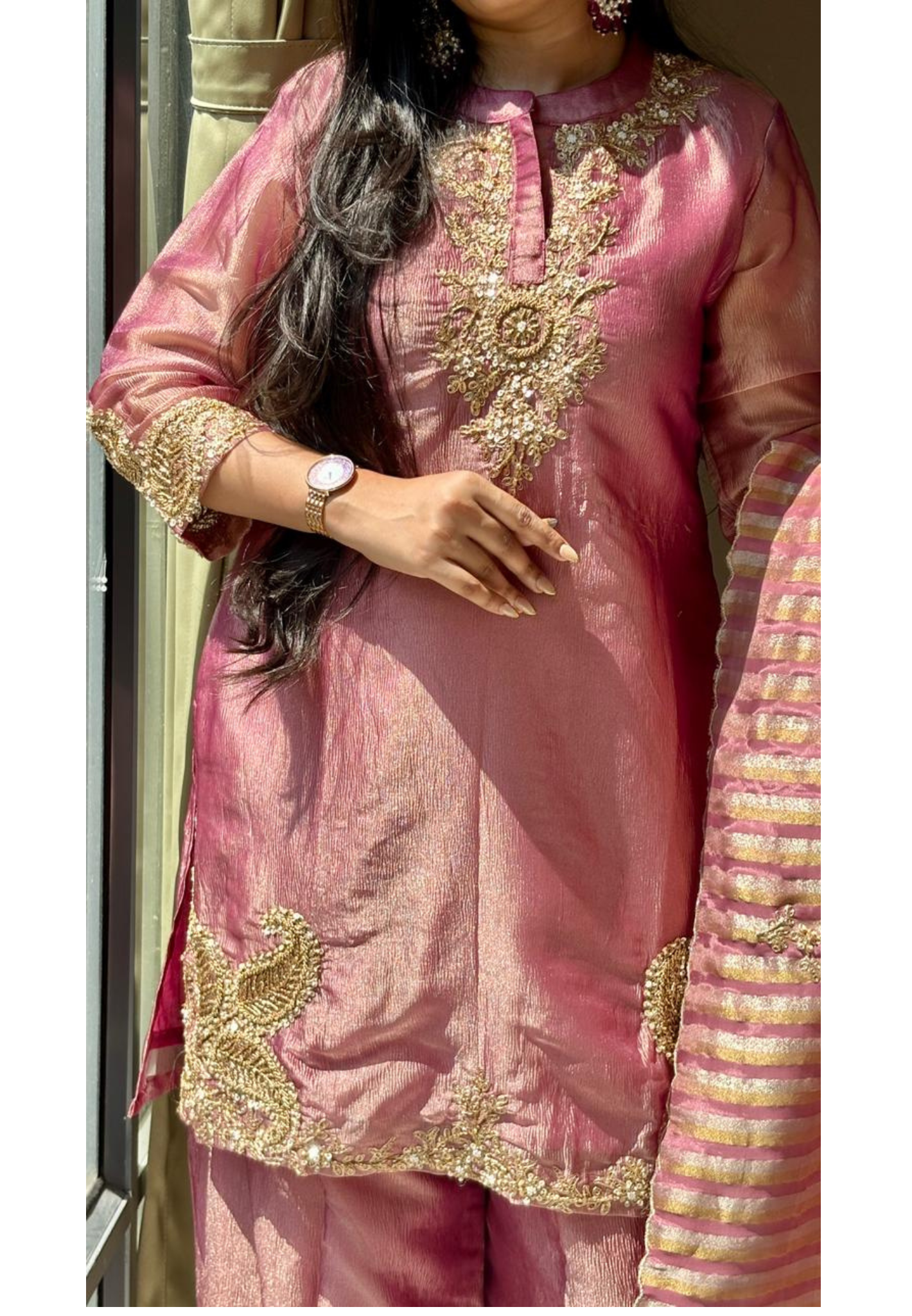 Very Elegant Zarina Golden Intricate Embroidery Tissue Full Suit Set With Striped Dupatta- 13307