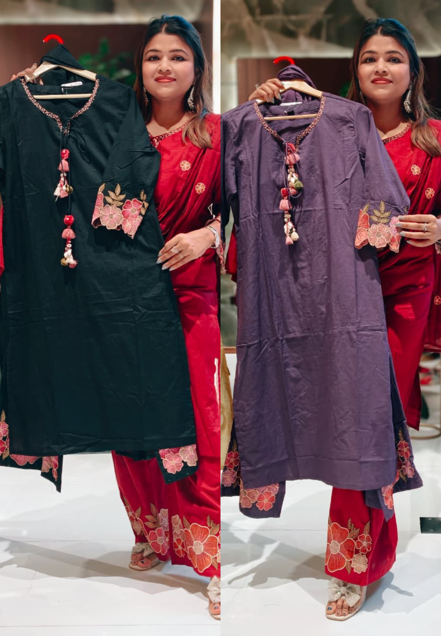 Smart Tasseled Neckline Floral Embroidery Cut Work Solid Full Suit Set With Dupatta In Cotton Fabric- 13647