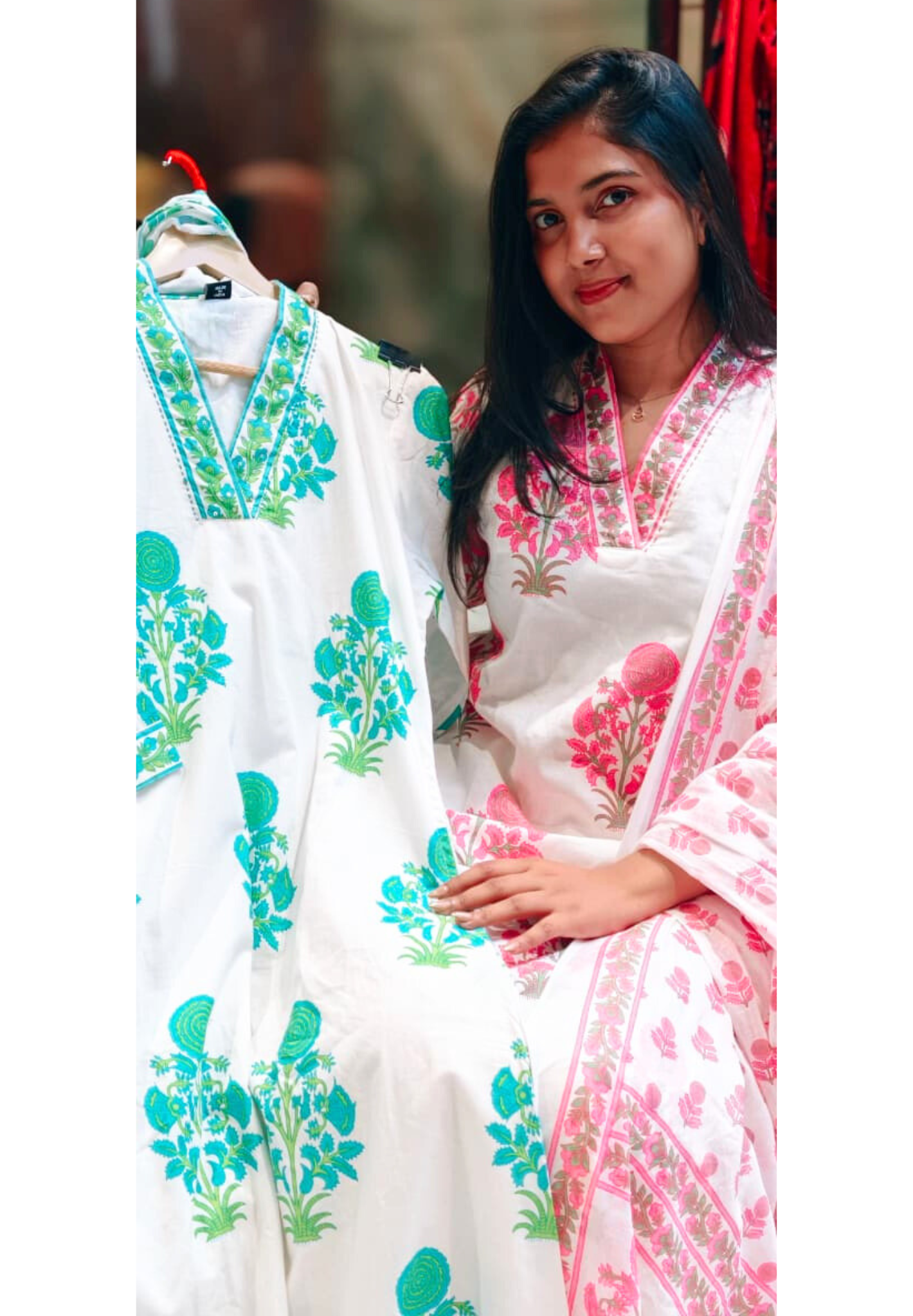 Enchanted Spring Gardenia Printed A-Line Full Suit Set With Dupatta In Cotton Fabric- 13648