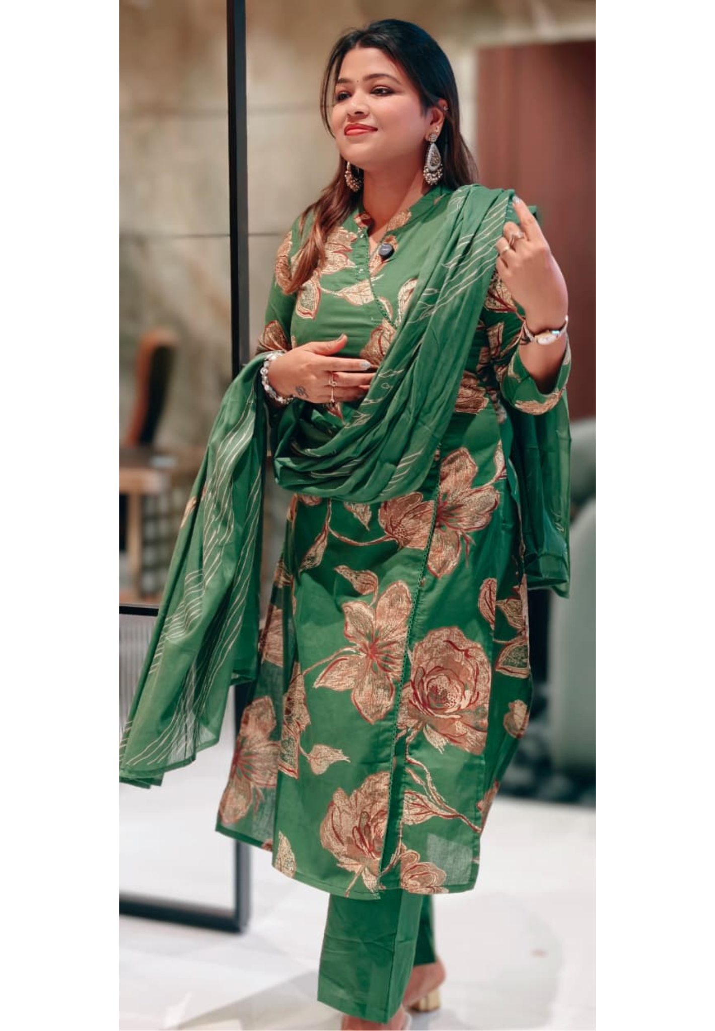 Angrakha Style Leafy Petal Heritage Printed Full Suit Set With Dupatta In Cotton Fabric- 13643