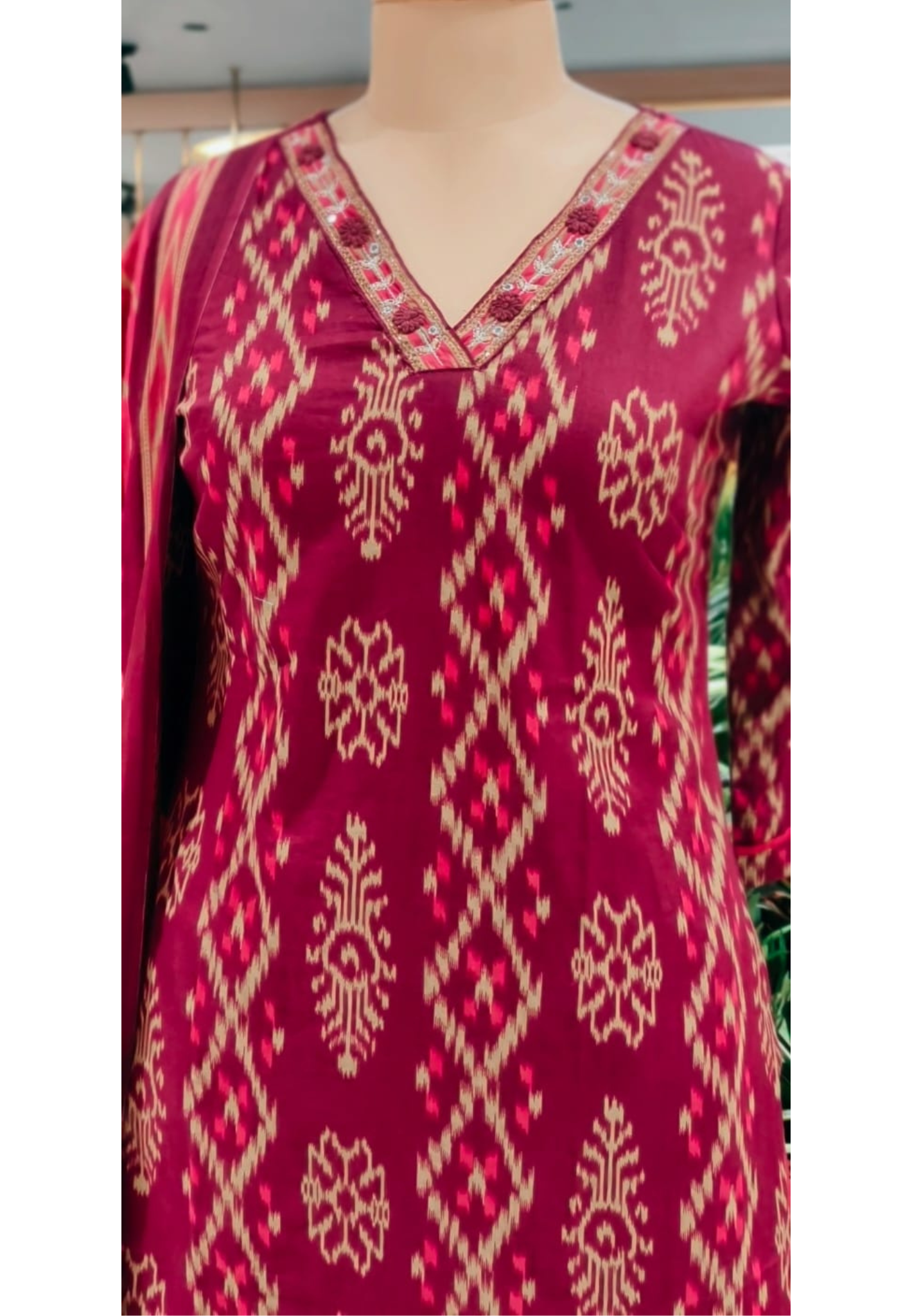 Criss-Cross Ikkat Inspired Print Cotton Full Suit Set With Dupatta- 13569