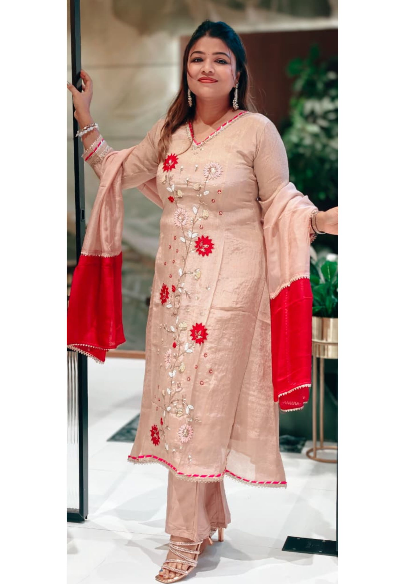 Dusty Rose Embroidered Tissue A-Line Full Suit Set With Floral Appliqué Work & Dupatta- 13650