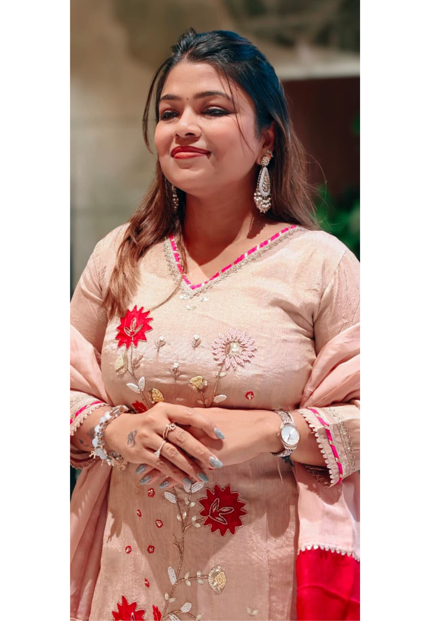 Dusty Rose Embroidered Tissue A-Line Full Suit Set With Floral Appliqué Work & Dupatta- 13650