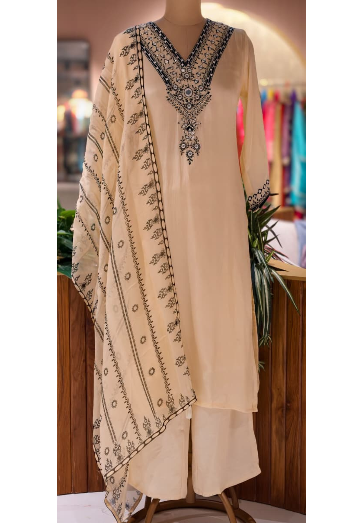Real Mirror Embroidered Over Neck & Sleeve Plain Full Suit Set With Printed Dupatta In Crepe Fabric (Lining Inside)- 13756