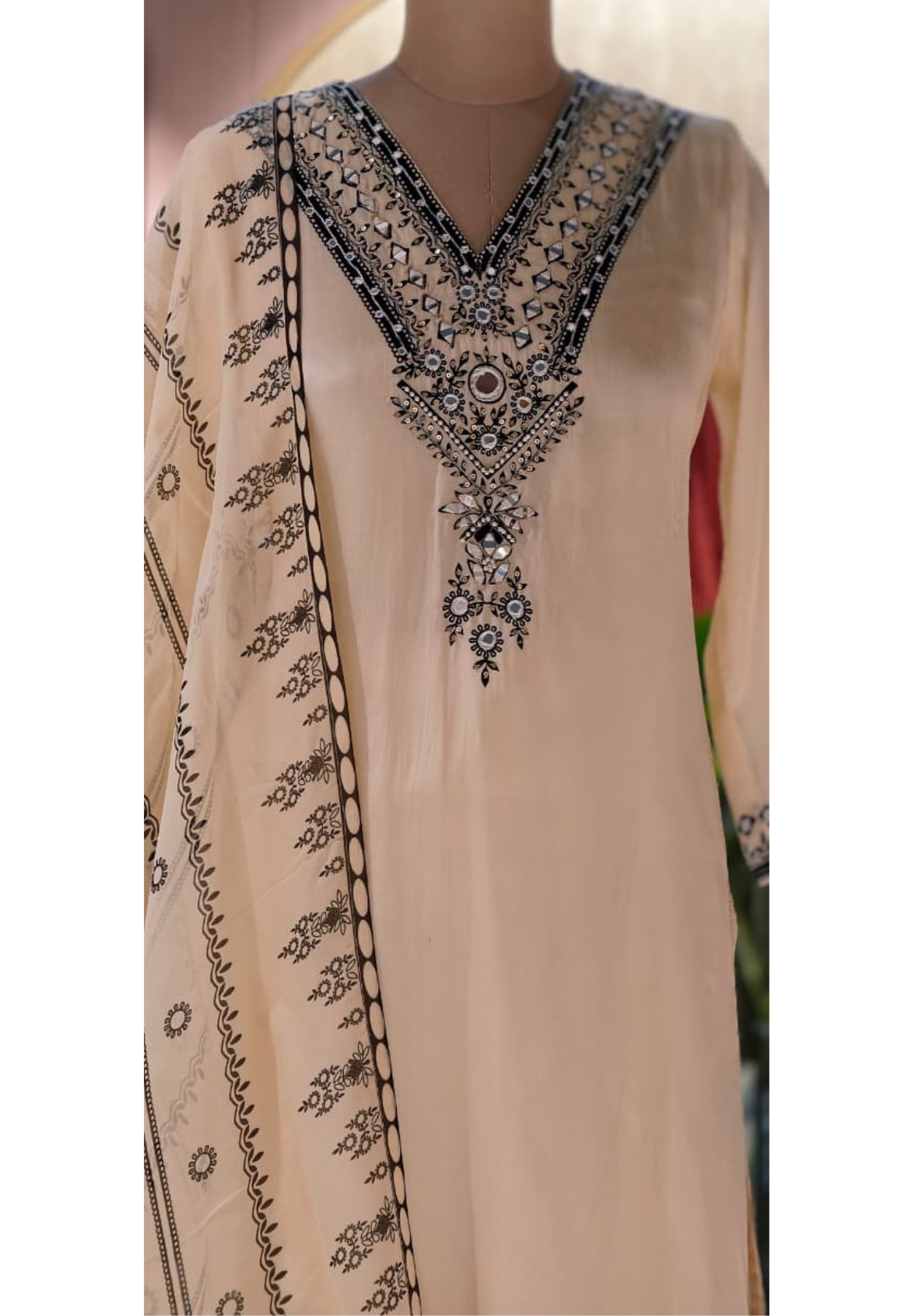 Real Mirror Embroidered Over Neck & Sleeve Plain Full Suit Set With Printed Dupatta In Crepe Fabric (Lining Inside)- 13756