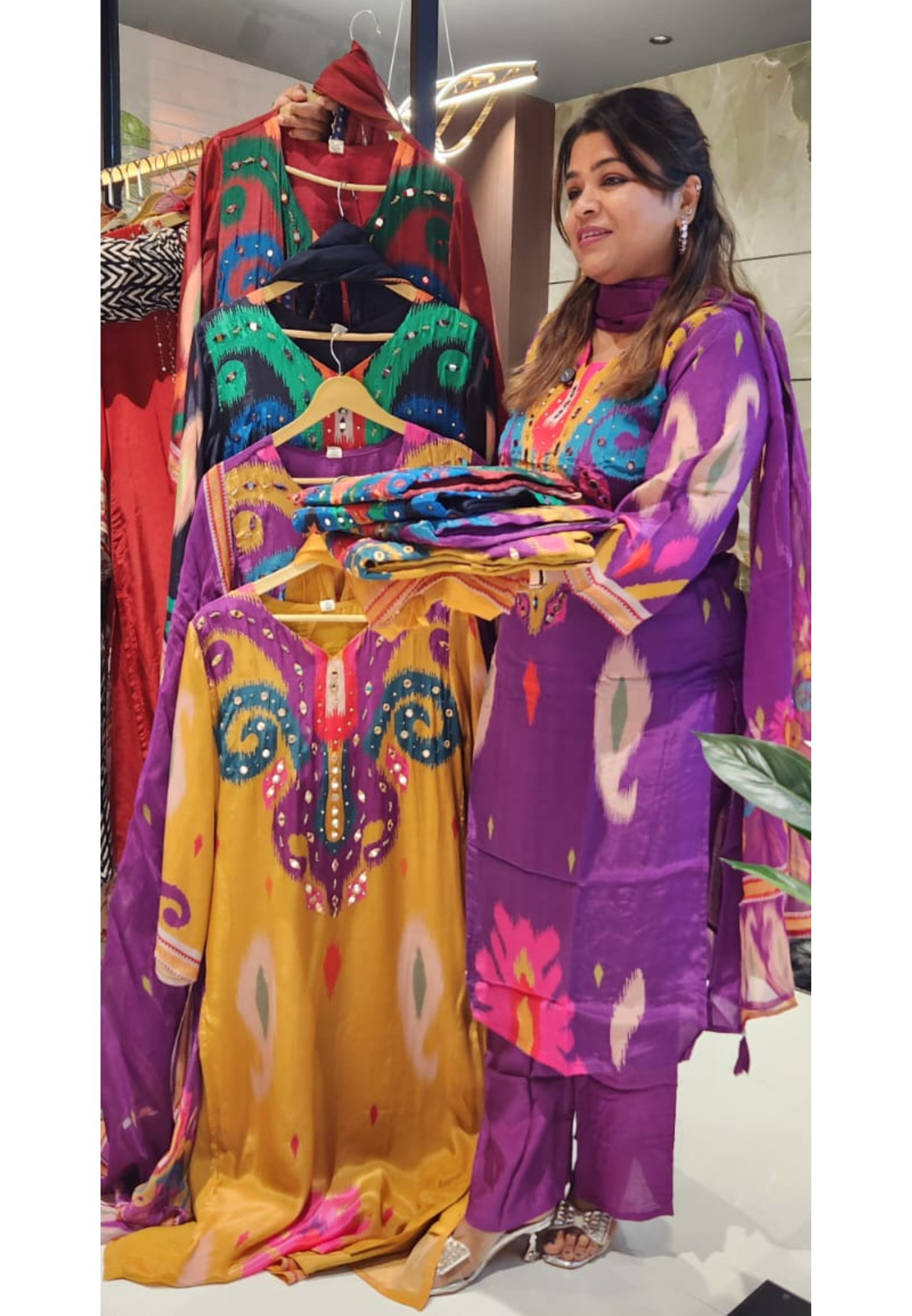 Ikkat Print Vibrant Color Combination Real Mirror Elegance Crepe Full Suit Set With Organza Dupatta, Lining Inside (Slightly Lean Fit)- 13754