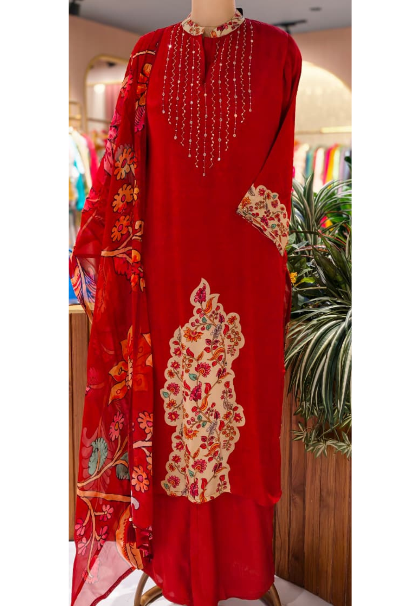 Graceful Ajrakh Digital Floral Print Crimson Full Suit Set With Dupatta In Crepe Fabric-13757