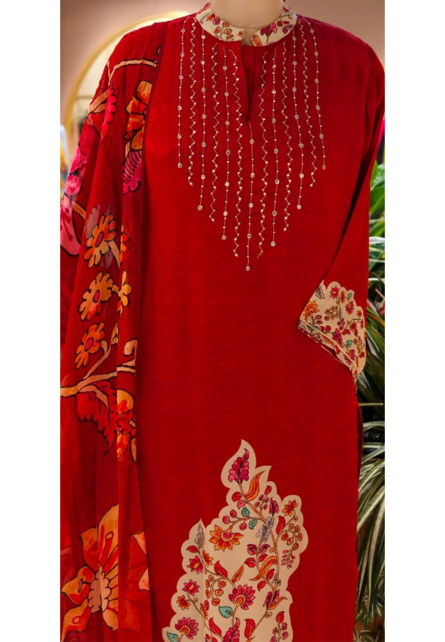 Graceful Ajrakh Digital Floral Print Crimson Full Suit Set With Dupatta In Crepe Fabric-13757