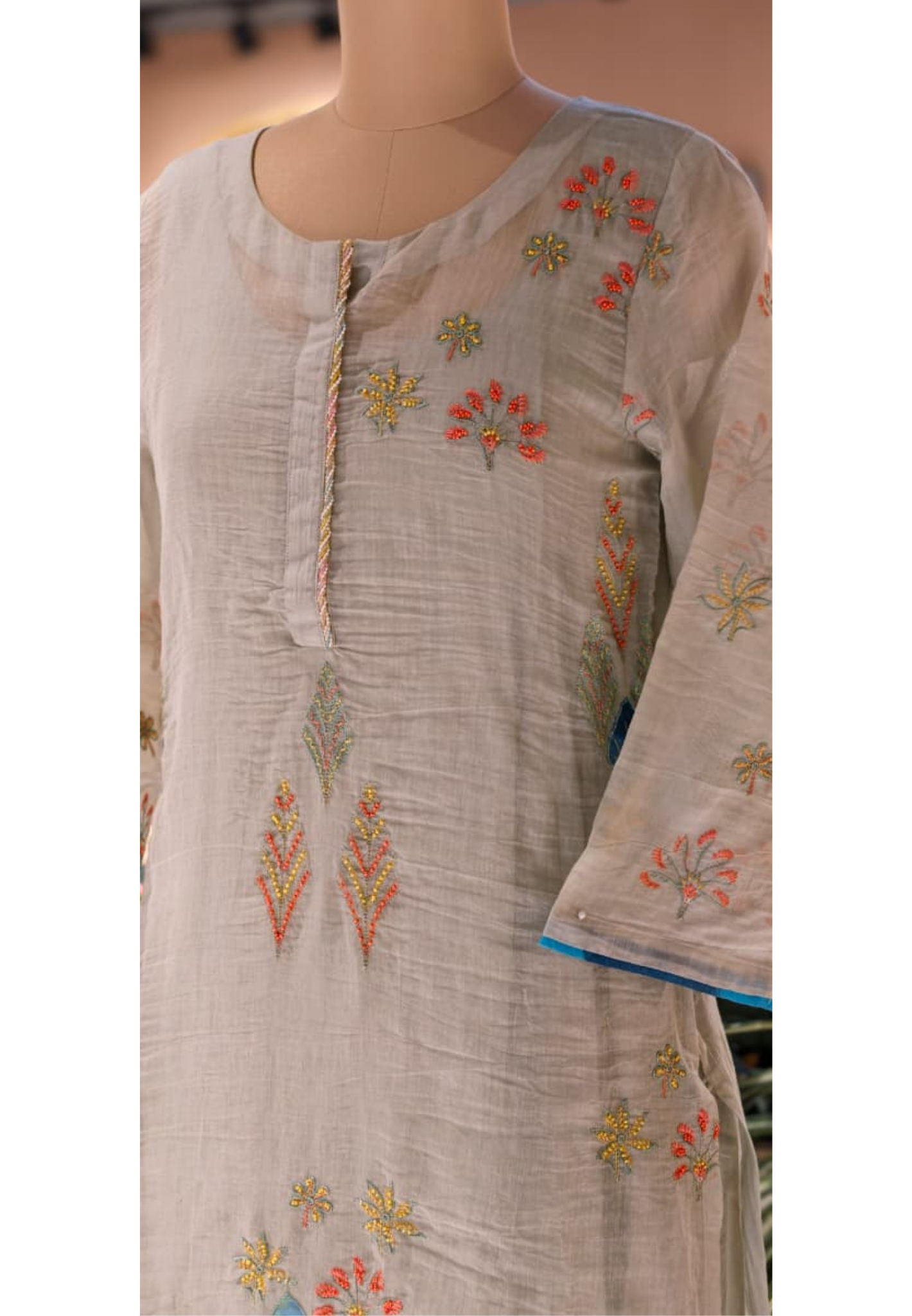 Maized Floral Fine Embroidery Ash Toned Double Layered Gown In Pure Mul Chanderi Fabric(Slightly Lean Fit)- 13772
