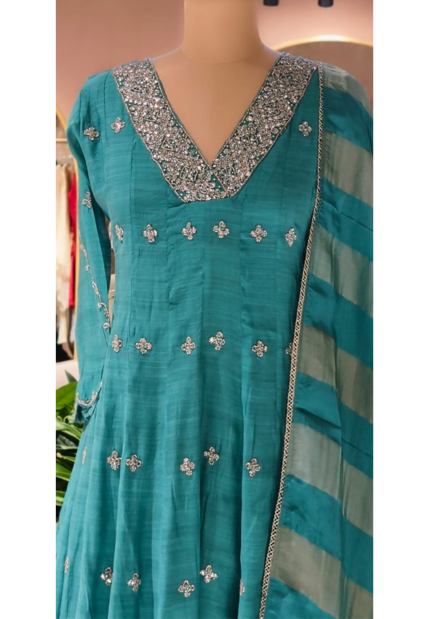 Elegant Real Mirror Embroidered With Cut Dana Panel Anarkali Full Suit Set With Dupatta In Mul Chanderi Fabric- 13763