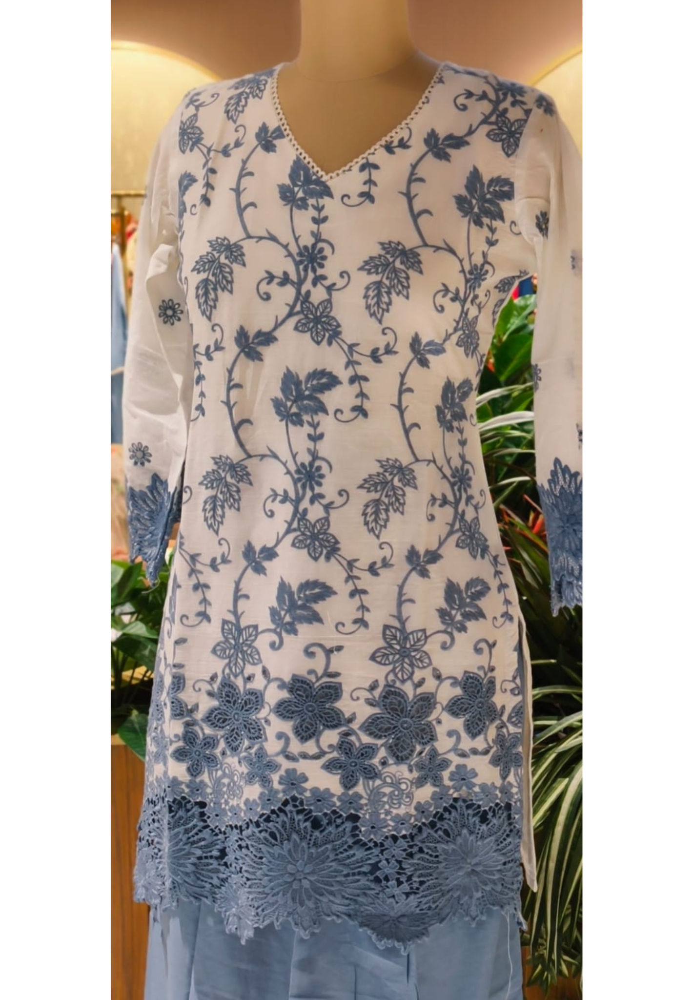 Very Fine Intricate Embroidery Minimal Laced Neck Line With Cut Work Co-Ord Set In Cotton Fabric With Lining- 13768