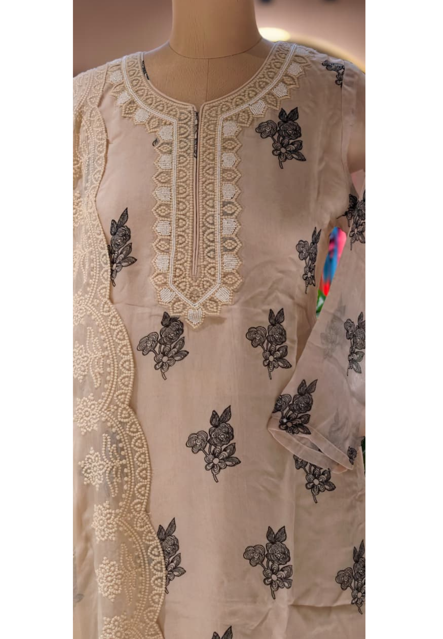 Printed Floral Placement Pearl Embroidered Neck Line Suttle Full Suit Set With Dupatta In Organza Fabric- 13769