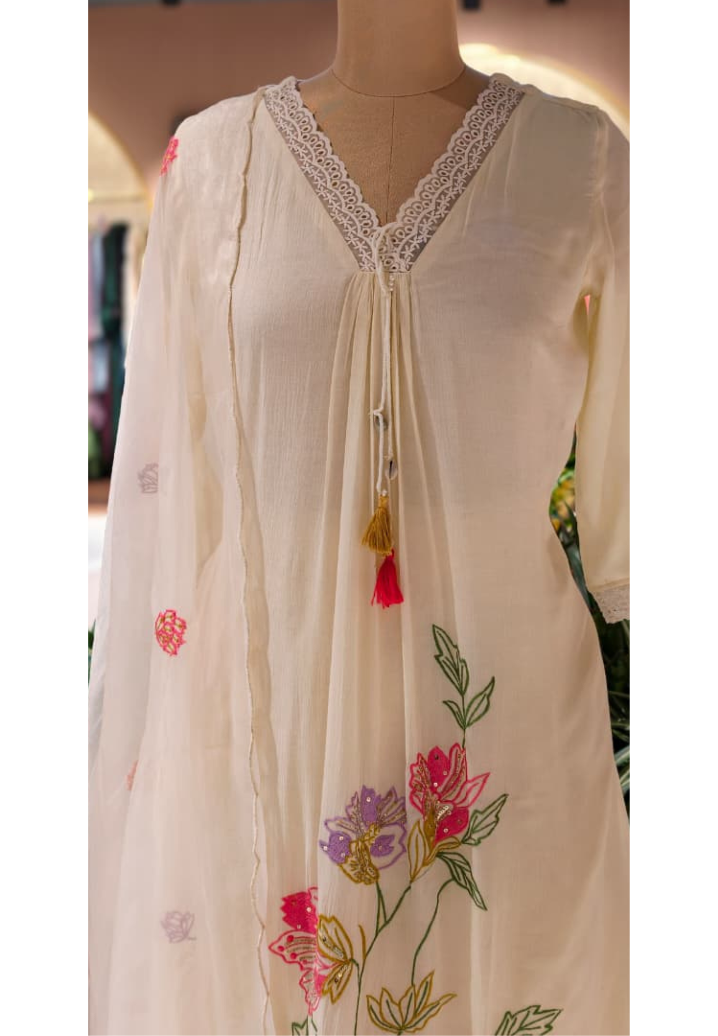 Floral Meadowed Patch Look Crosia Work A-Line Full Suit Set With Dupatta In Crush Cotton Fabric- 13780