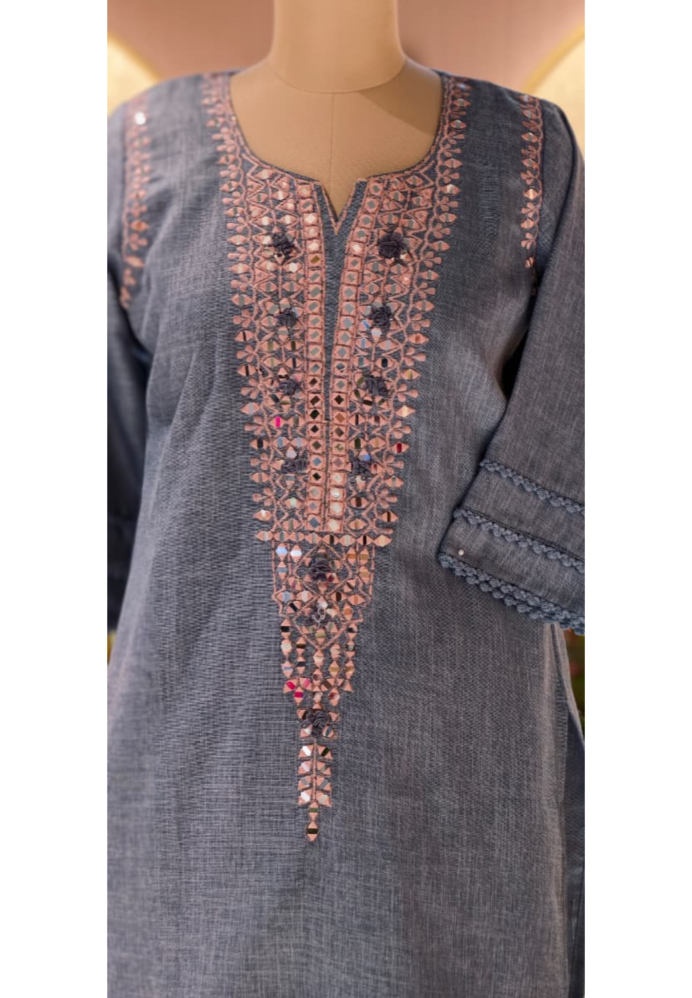 Real Mirror With Thread Upwork Coiled V-Yoke Kurta Pant Set In Jute Cotton Fabric- 13761