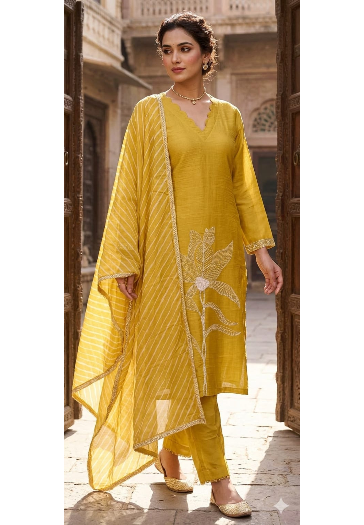 Mustard Yellow Floral Embroidered Kurta Pant Set with Striped Organza Dupatta Fabric Pure Banarasi Mulchanderi -13790