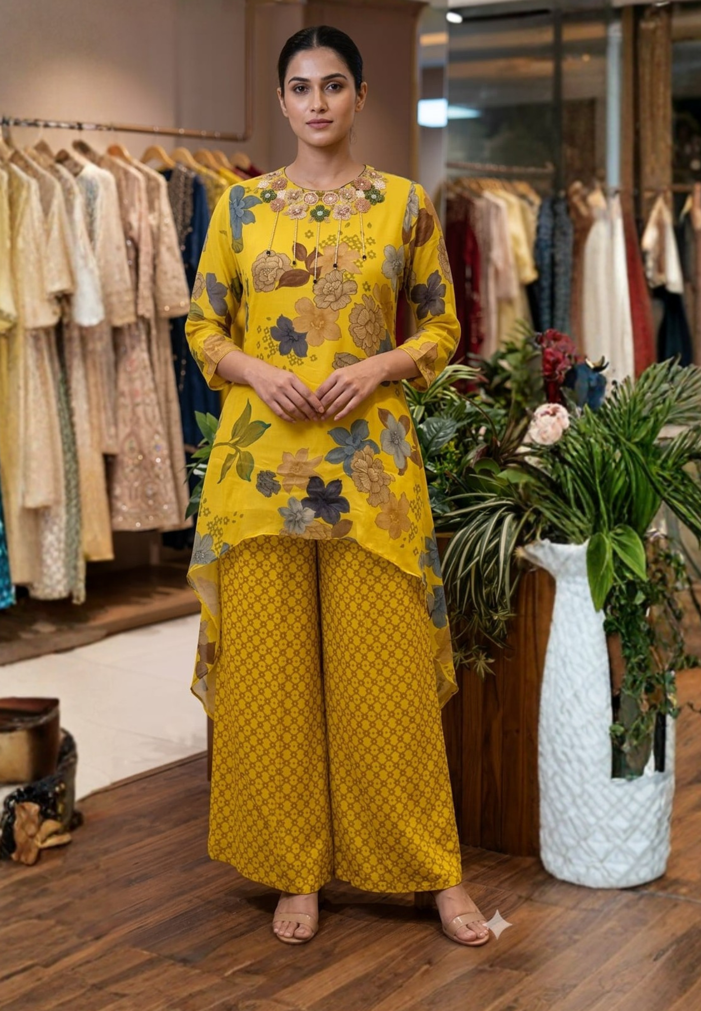 Sunshine Floral Printed High-Low Kurta with Palazzo Co-Ord Set-13739