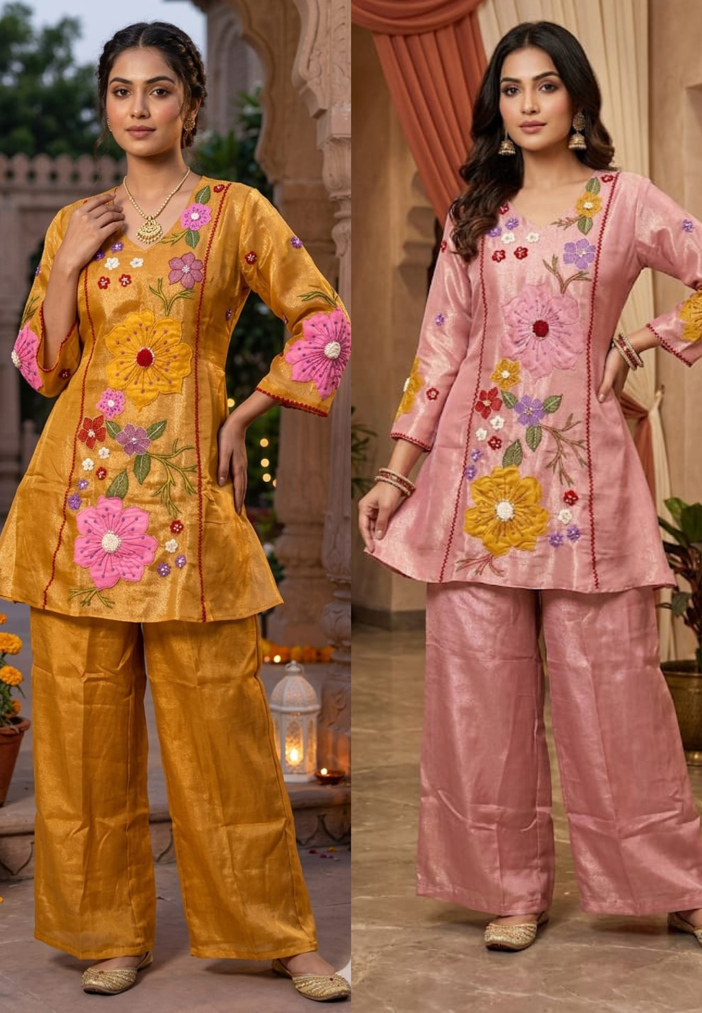 Luxury Shimmer Tissue Hand Embroidered Kurta with Palazzo Set-13812