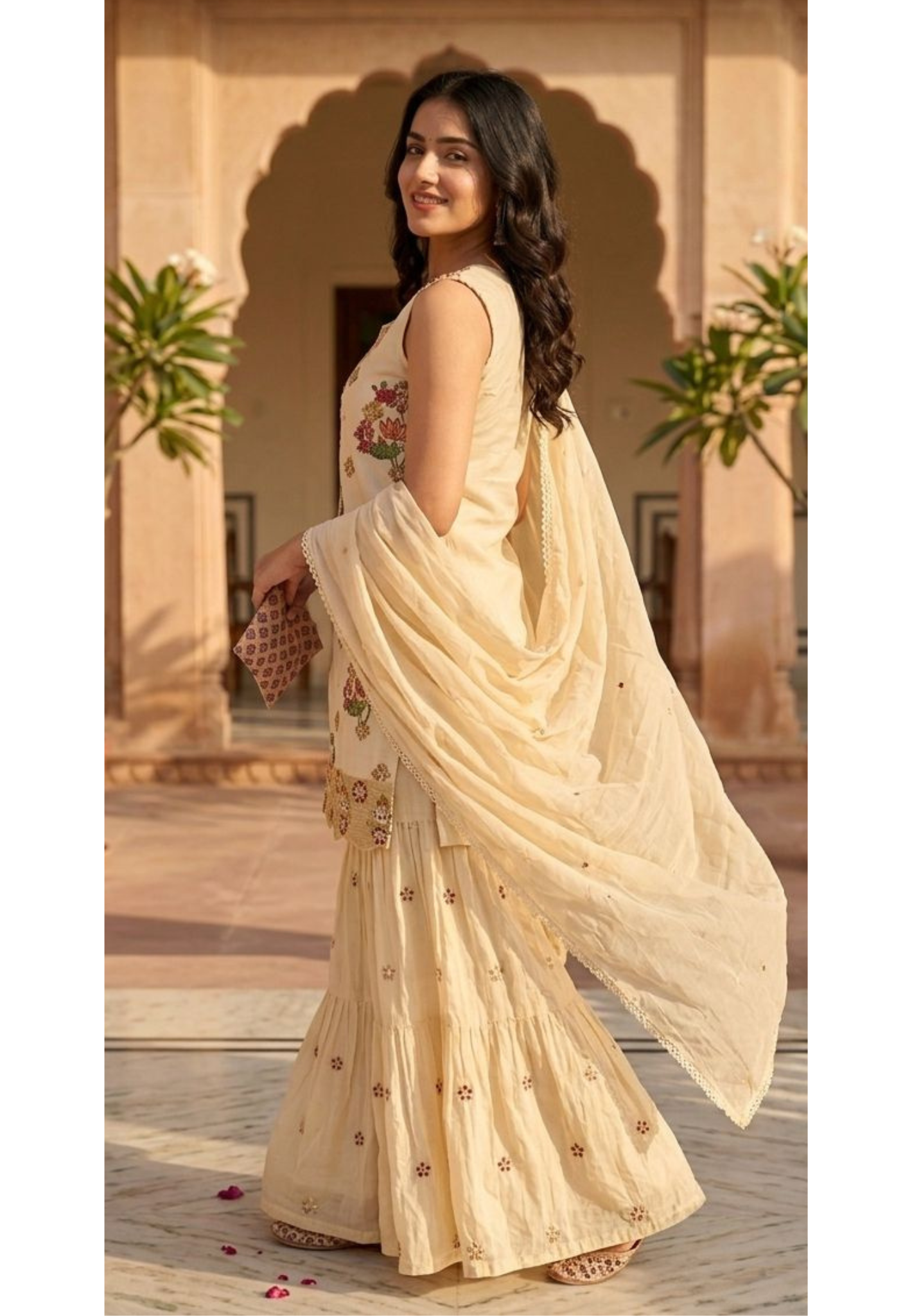 Fuchsia Floral Intricate Detailing Neck Line Printed Sleeveless Full Suit Set With Skirt Bottom & Dupatta- 14112