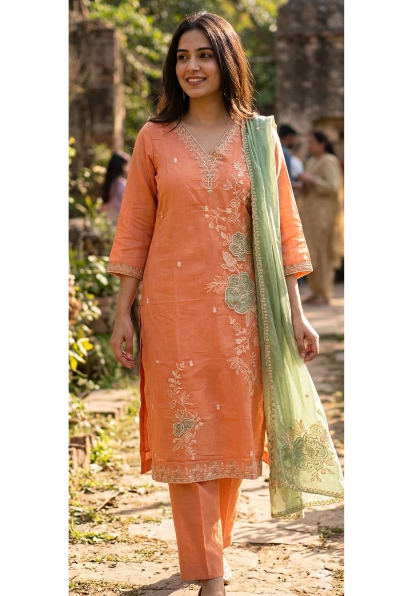 Graceful Peach Floral Embroidery Detailing Surat Mul Chanderi Full Suit Set With Dupatta- 14041