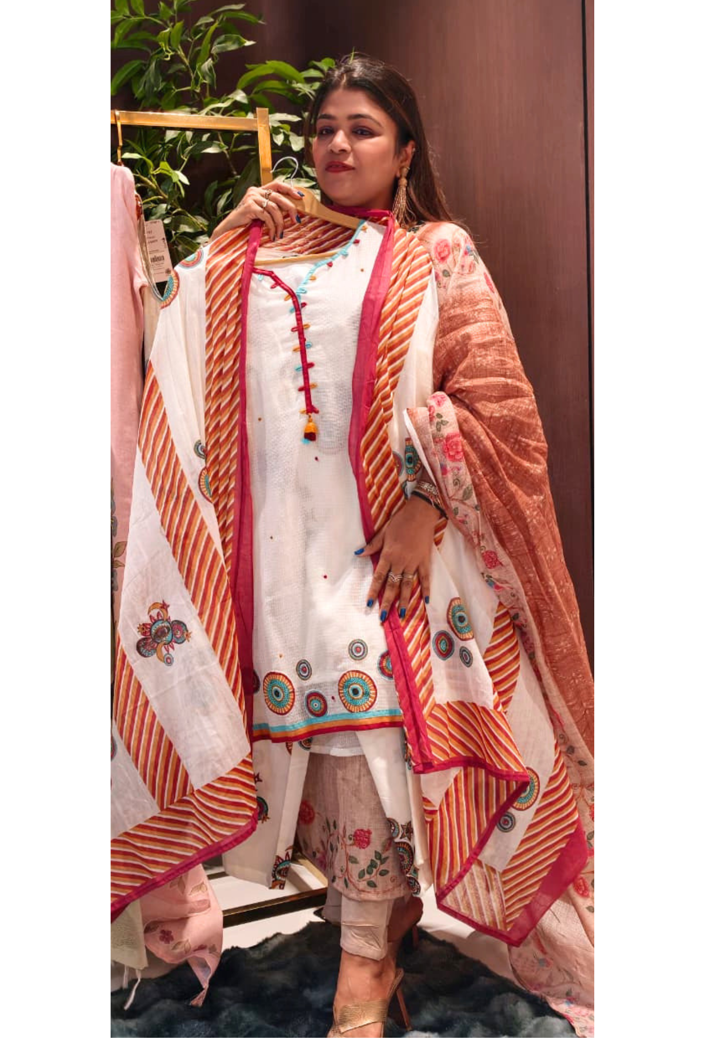 Striking Striped Tribal Inspired Colored Full Suit Set With Dupatta In Jute Cotton Fabric- 13615