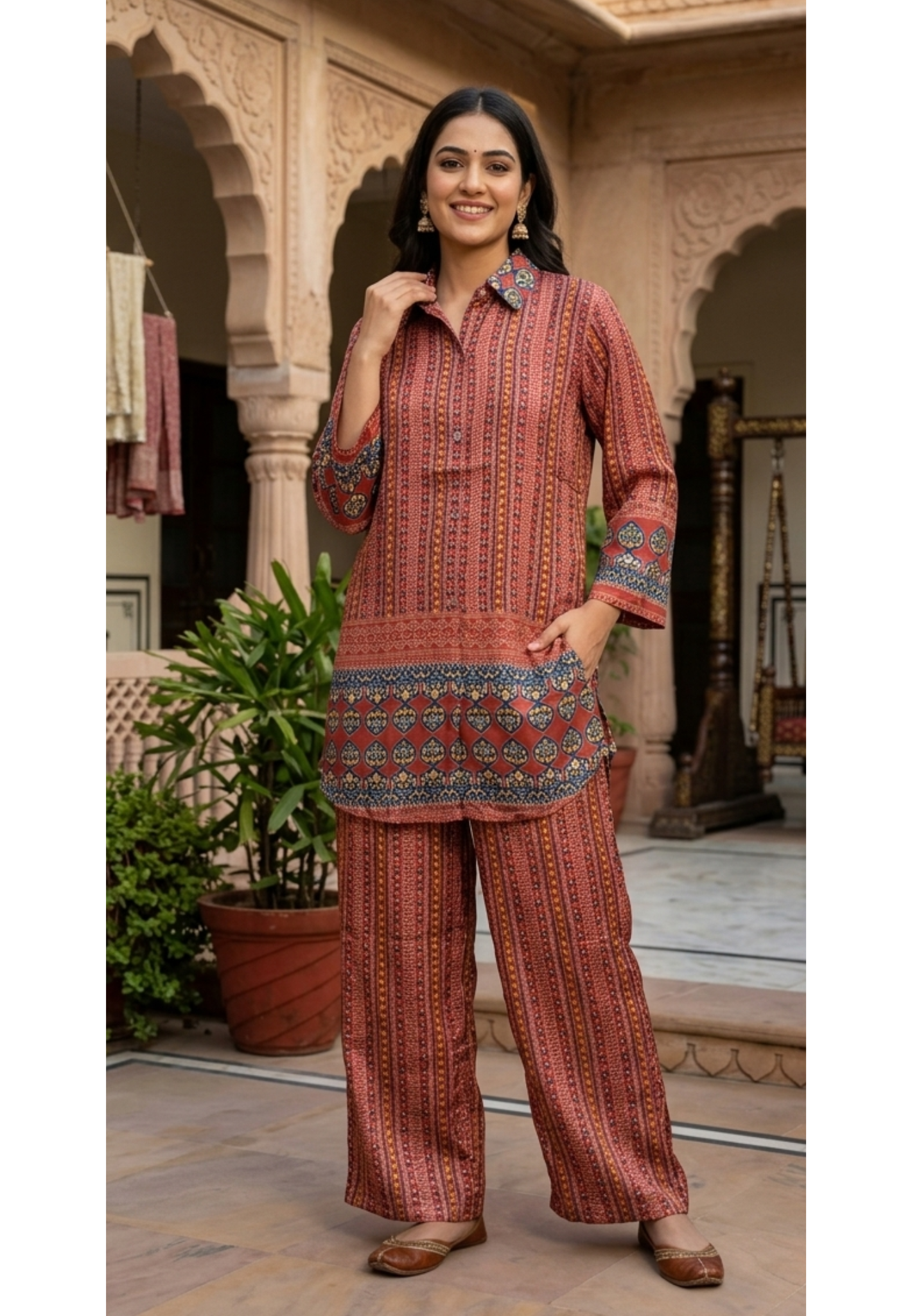 Extravagance Multicolor Overprint Light Weight Co-Ord Set In Crepe Fabric (Lean fit)-14210