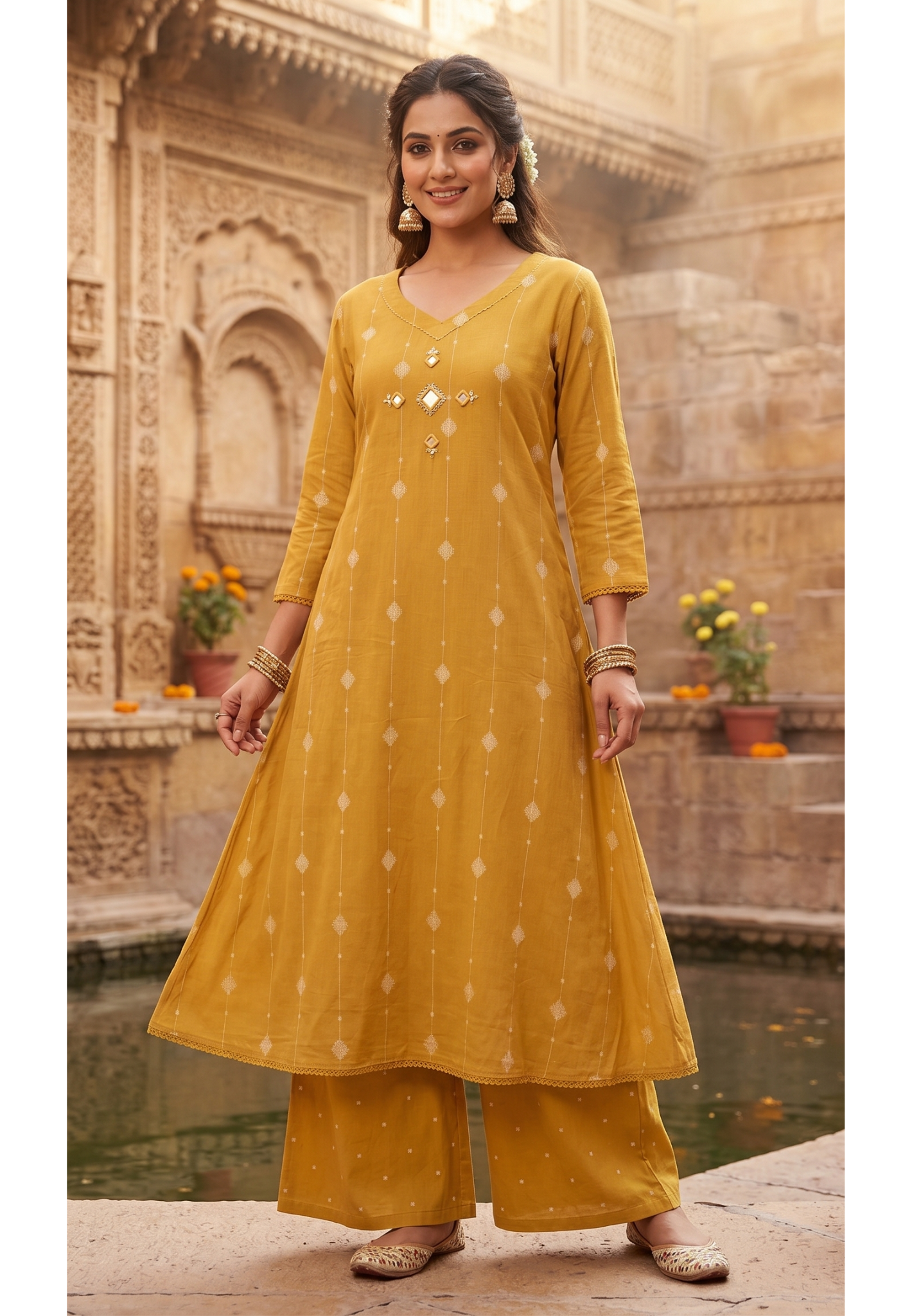 Handloom Cotton A-Line Kurta Pant Set With Real Mirror Work In The Yoke- 13367