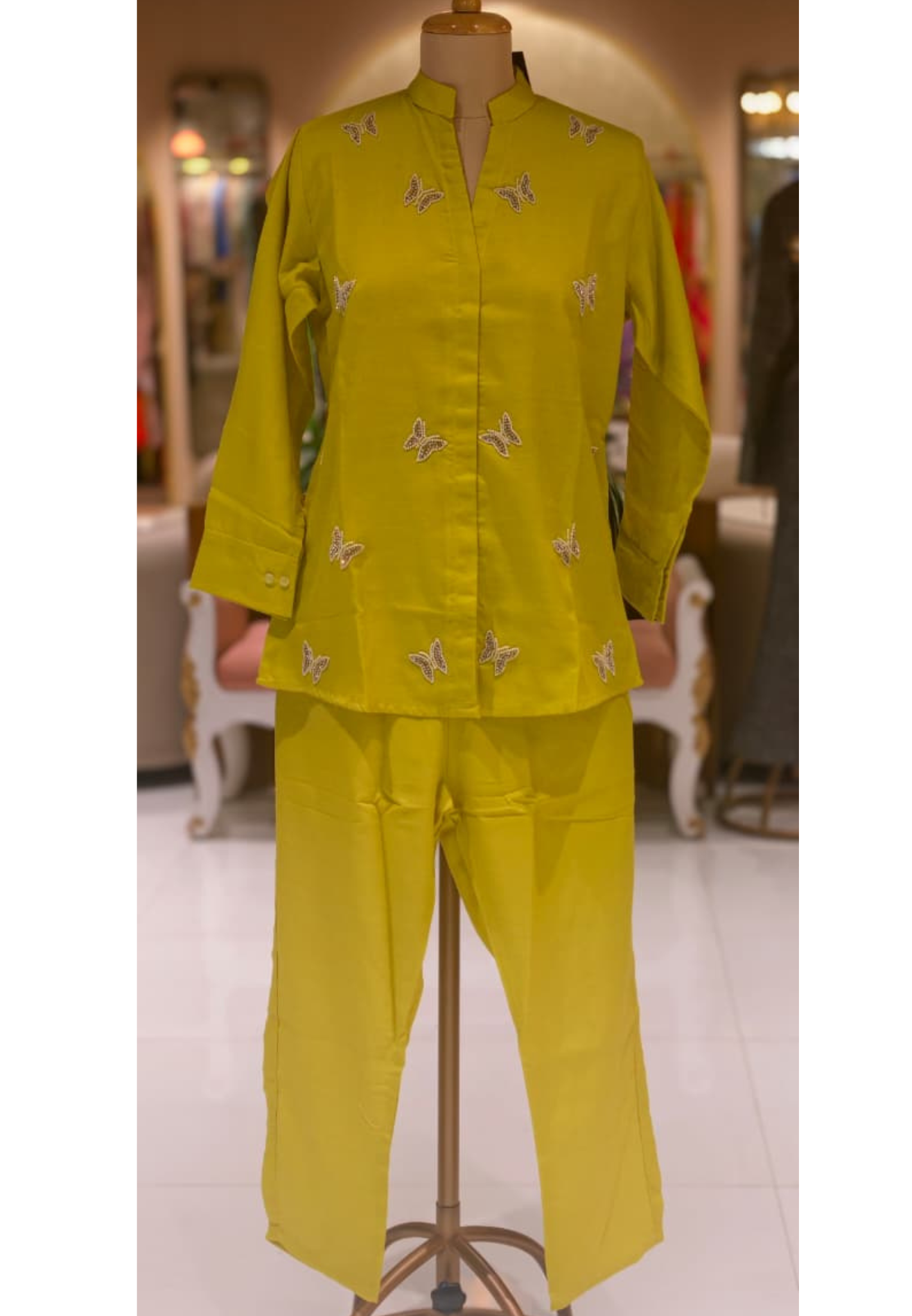 Lime Puch Elegant Cute Tiny Butterfly Placements Solid Co-Ord Set In Linen Cotton Fabric-14338 RB227