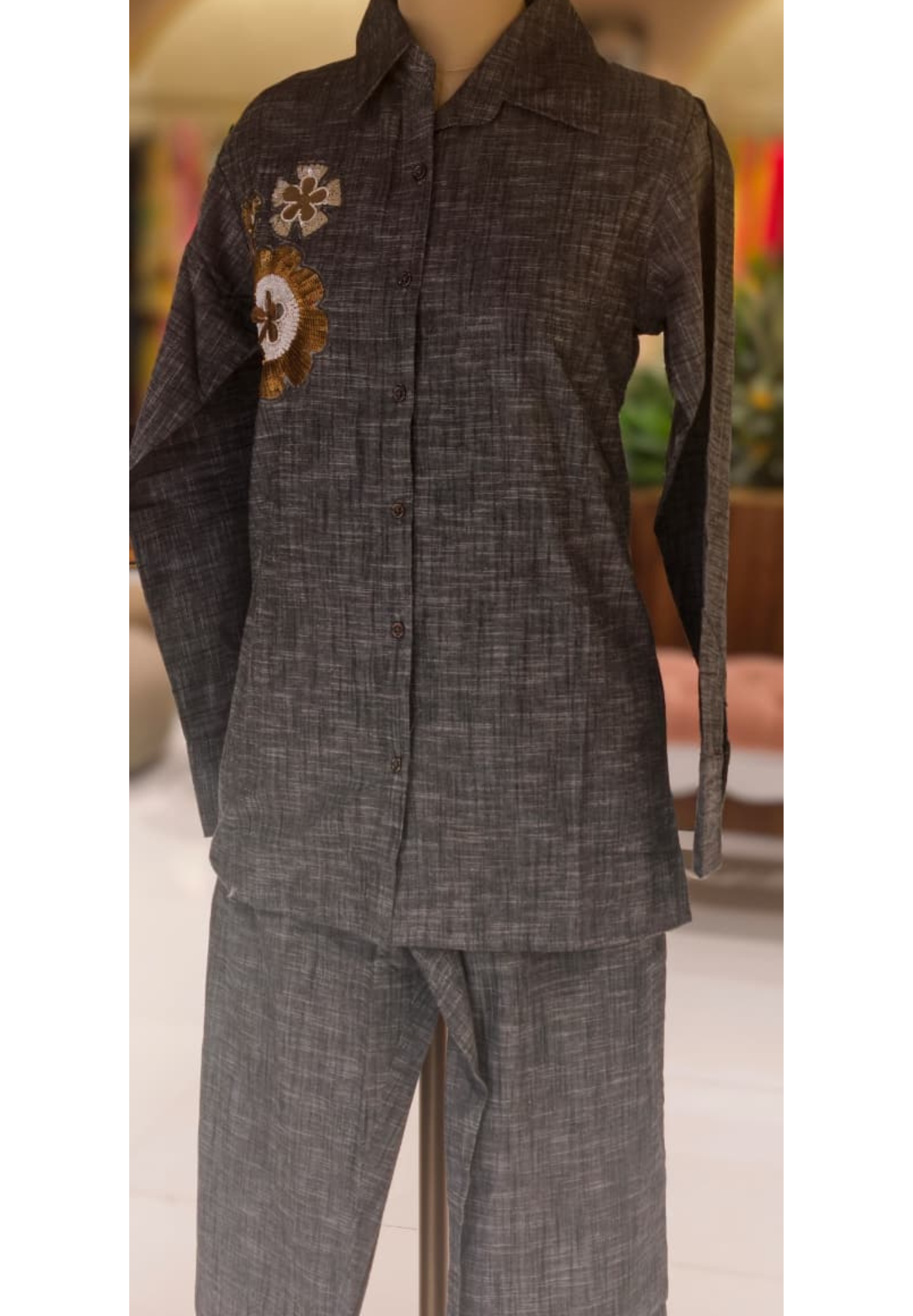 Sequin Touch Floral Broach Look Solid Ash Elegance Co-Ord In Linen Cotton Fabric- 14336 RB225