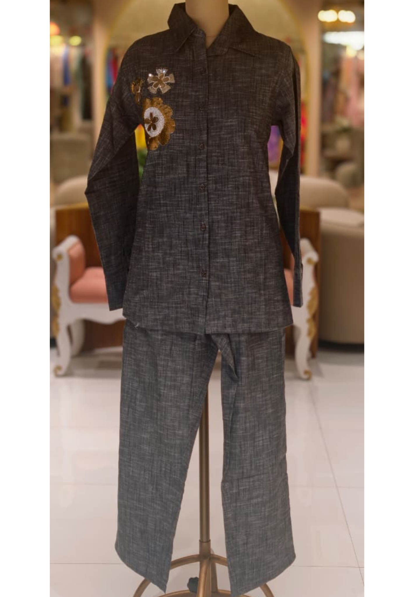 Sequin Touch Floral Broach Look Solid Ash Elegance Co-Ord In Linen Cotton Fabric- 14336 RB225