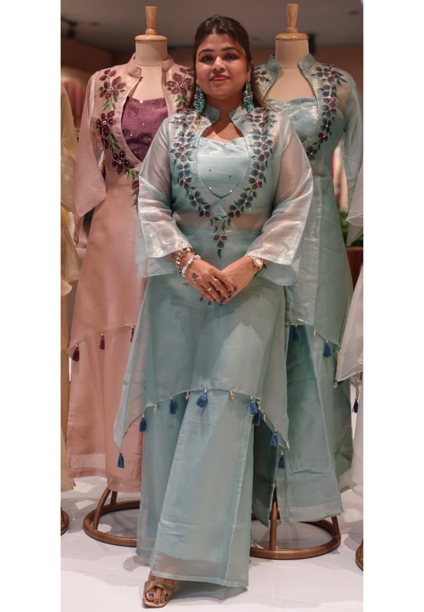 Elegant Digital Floral Print Tasseled Kurta With Buster & Bottom In Tissue Fabric- 14315,17 RB217