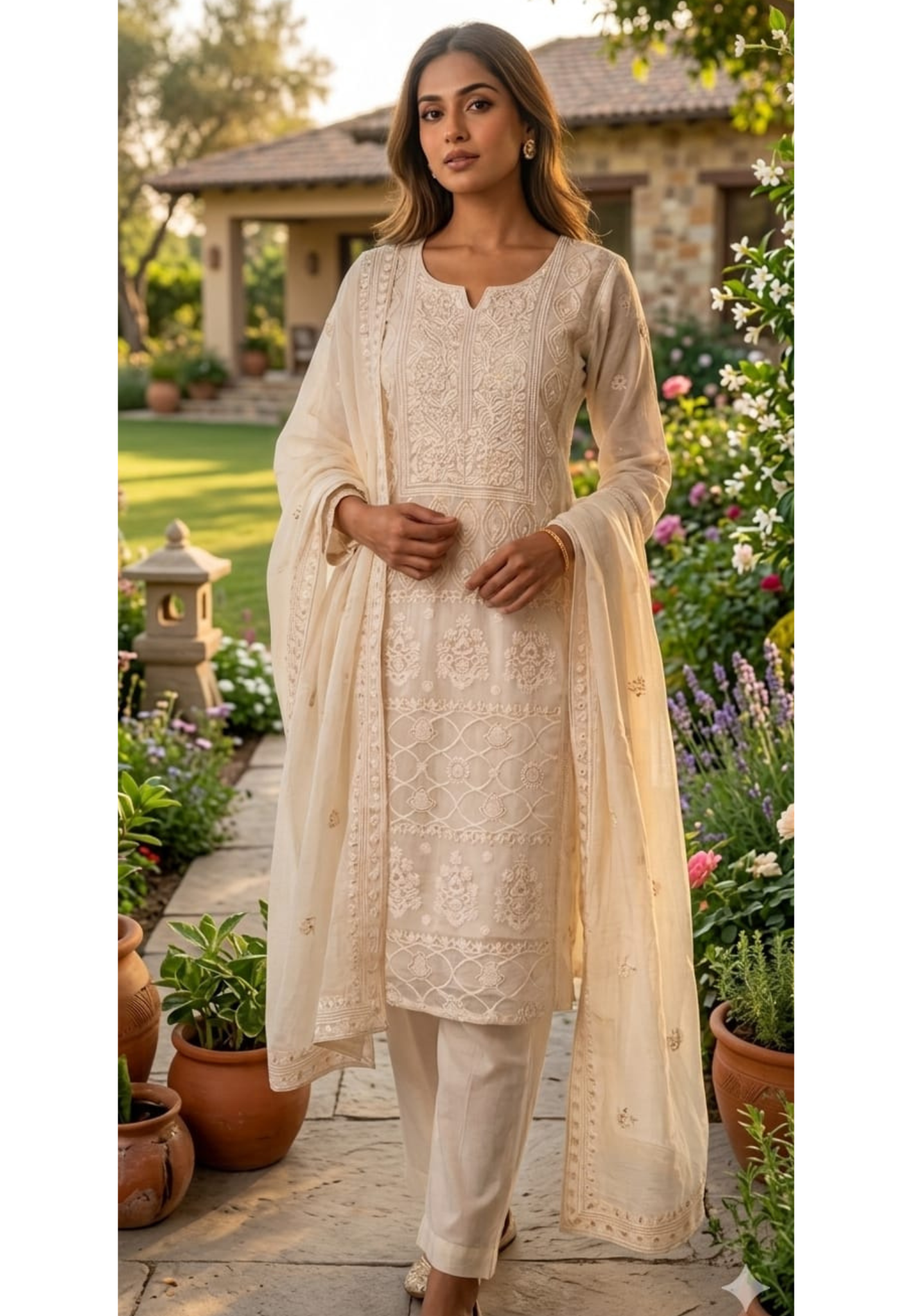 Chikankari Pure Thread Embroidered Decent Tone Ready To Wear Full Suit Set With Dupatta In Mul Chanderi Fabric-14250 RB236
