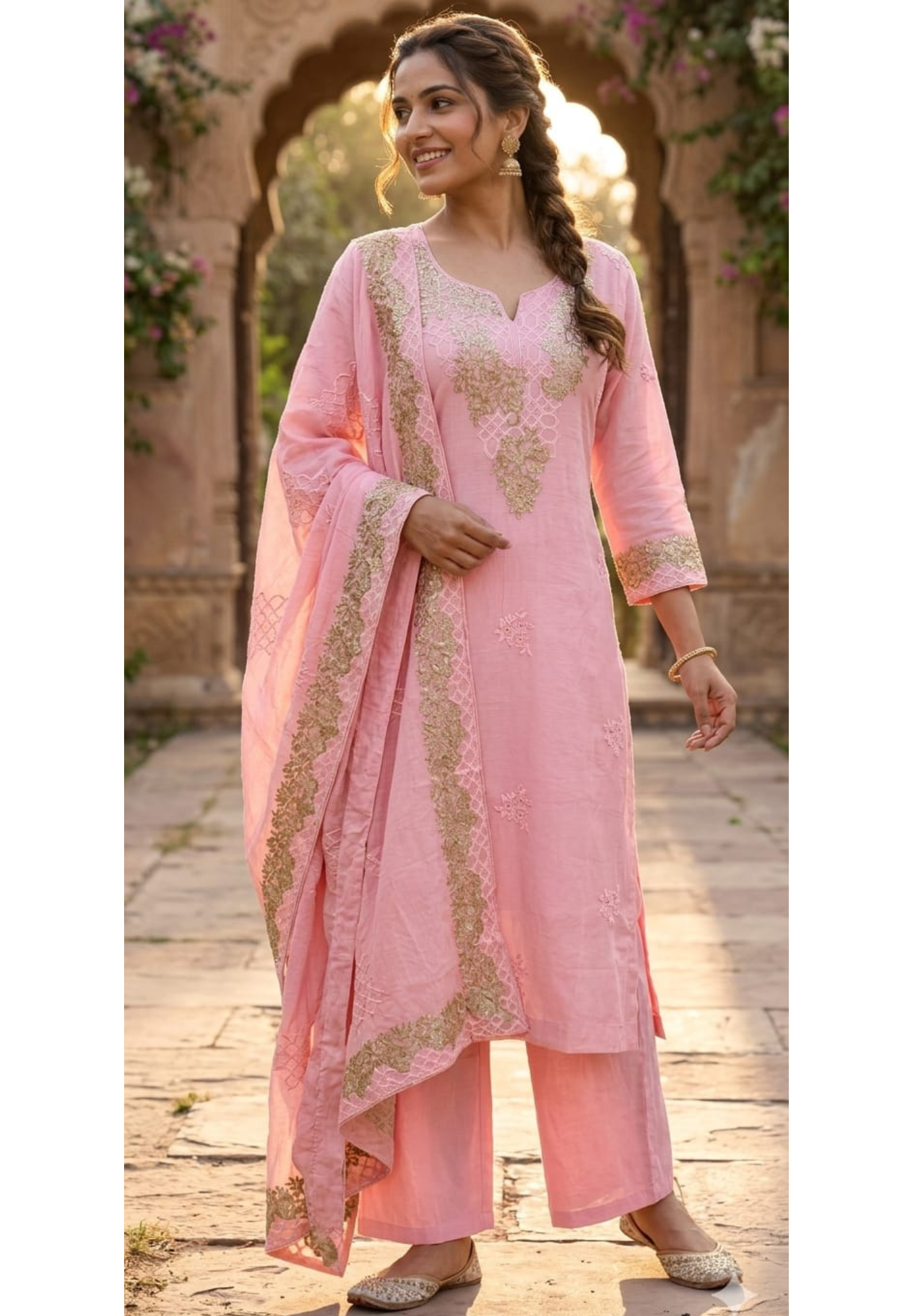 Blush Gold Scallop-Neck Powder Pink Full Suit Set With Dupatta In Mul Chanderi Fabric- 14251 RB235