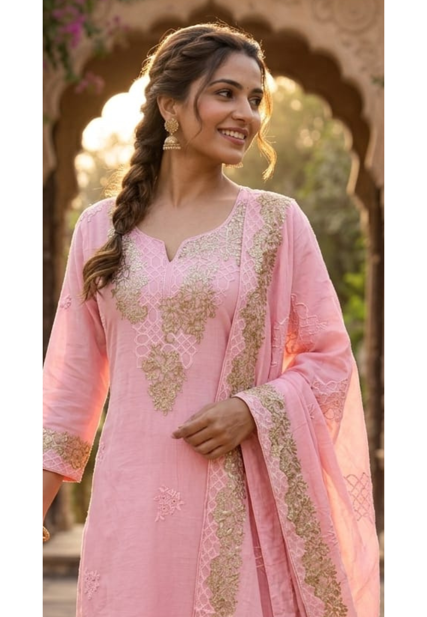 Blush Gold Scallop-Neck Powder Pink Full Suit Set With Dupatta In Mul Chanderi Fabric- 14251 RB235