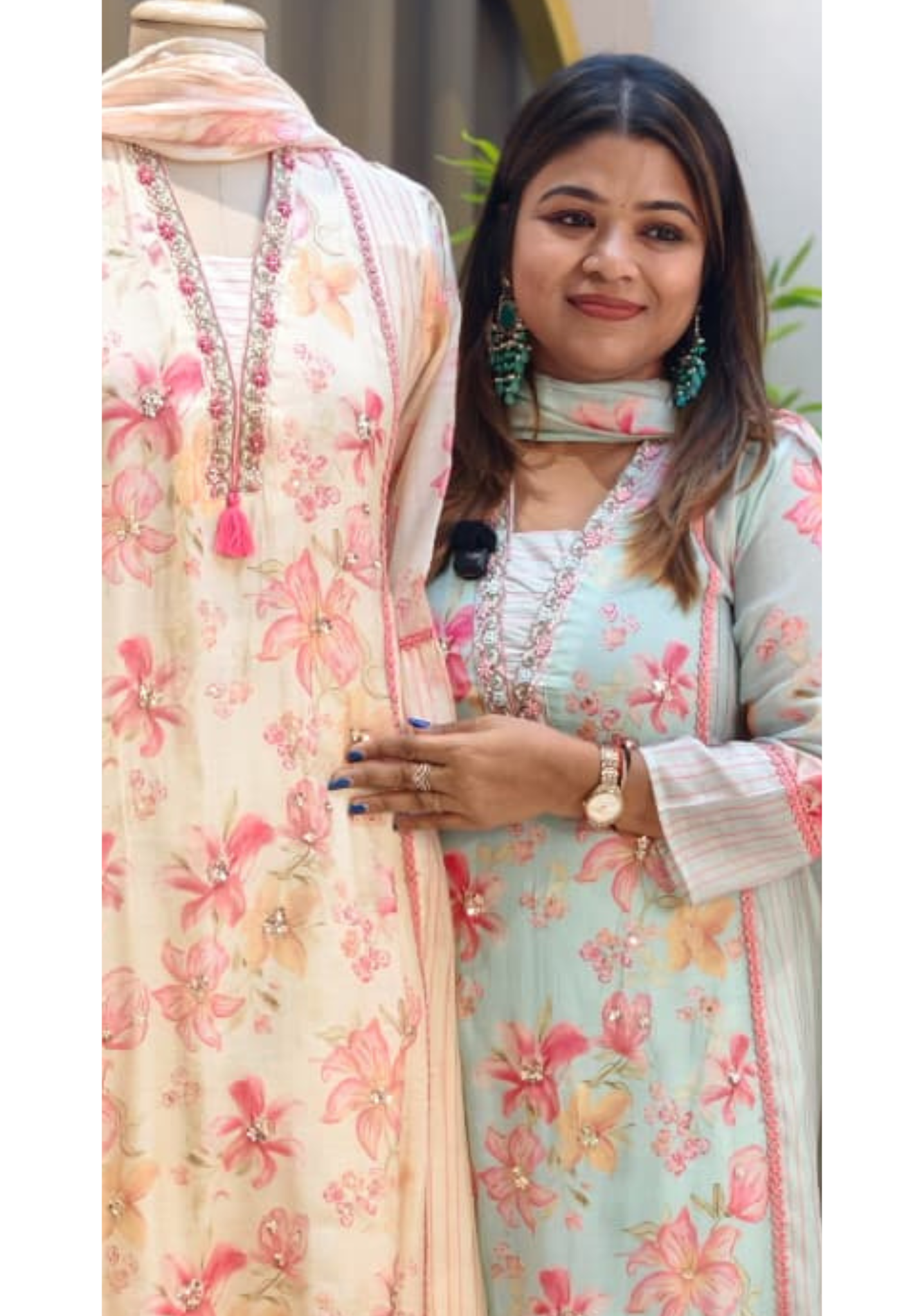 Decent Tone Floral Printed Handtouch Neck Muslin A-Line Full Suit Set With Dupatta & Mul Cotton Lining- 14422 RB250