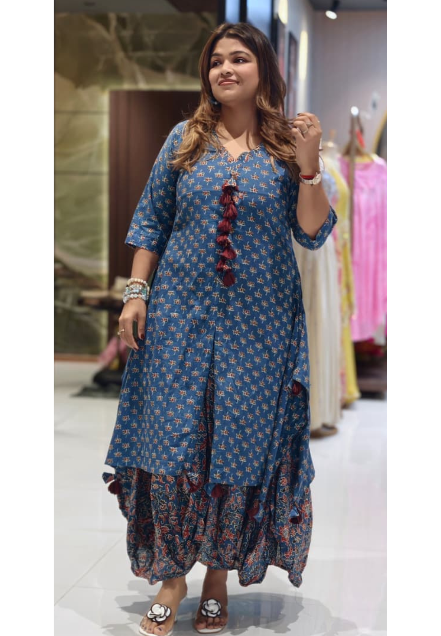 Indigo Tassel-Drop Asymmetric Layered Cowl Style Cotton Indo Western Wear Gown-14440